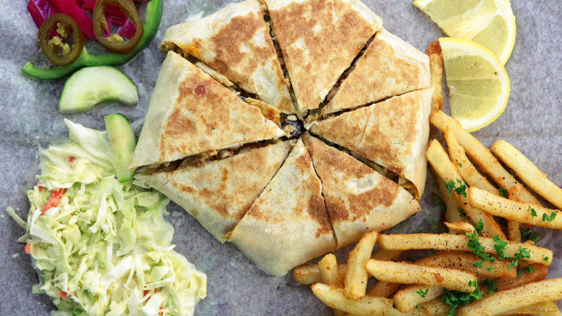 еда, пироги, фри, картофель, пирог, лимон, мясной, салат