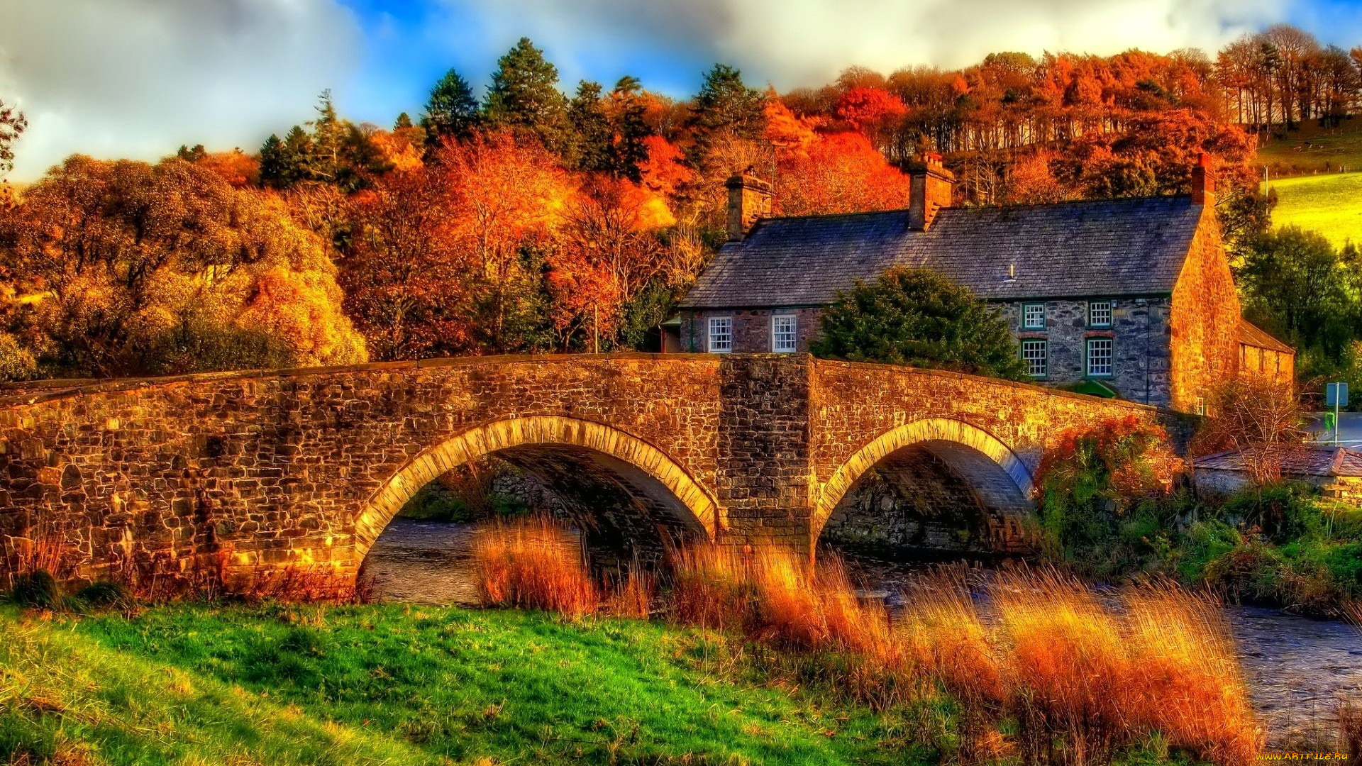 города, -, мосты, каменный, мост, дом, река