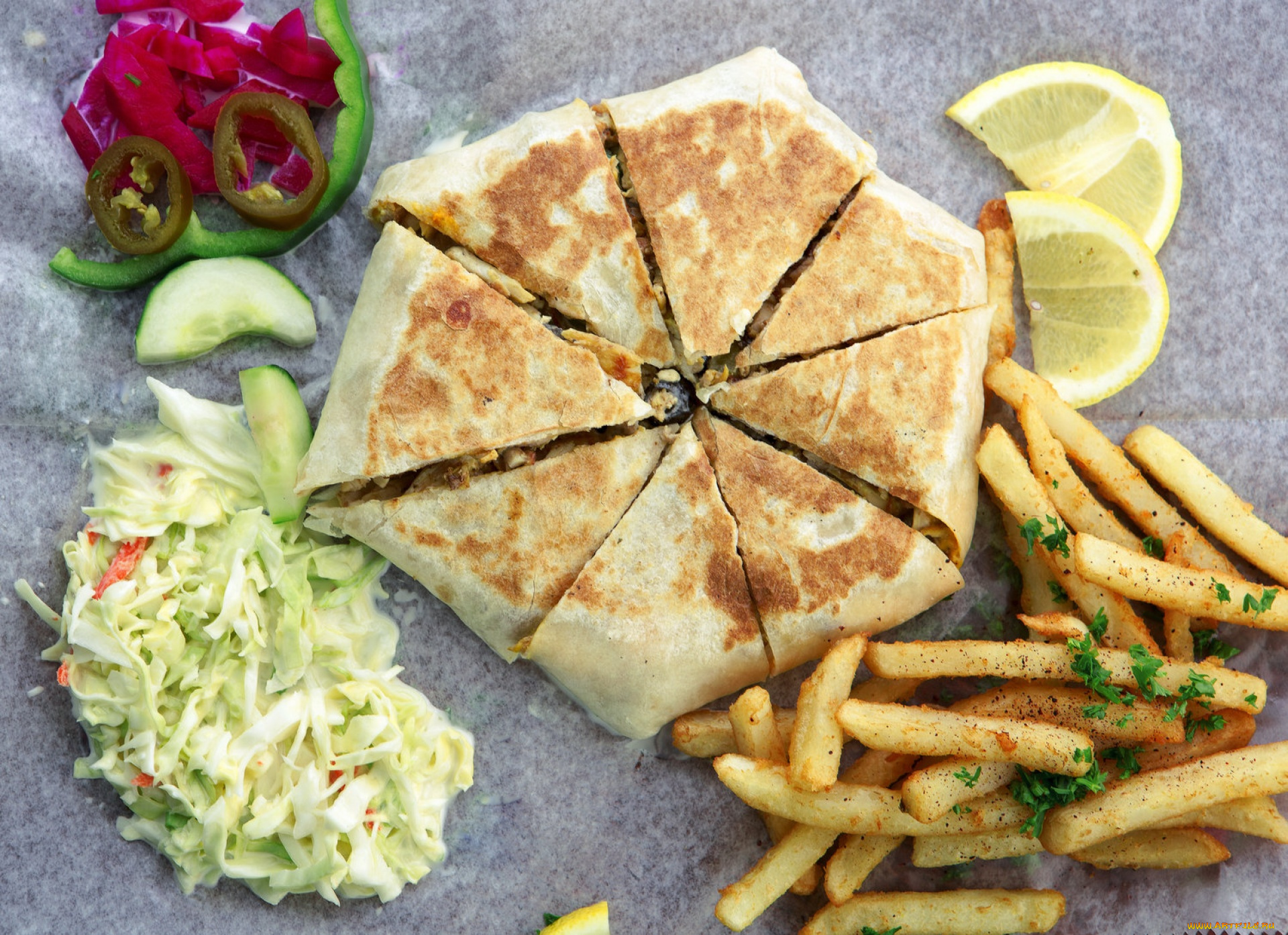 еда, пироги, фри, картофель, пирог, лимон, мясной, салат