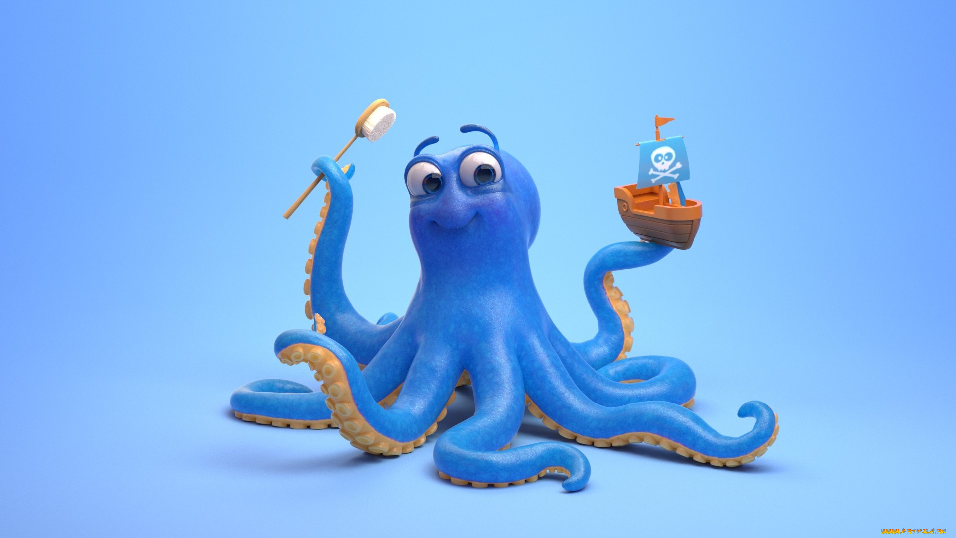 3д, графика, юмор, , humor, фон, кораблик, осьминог