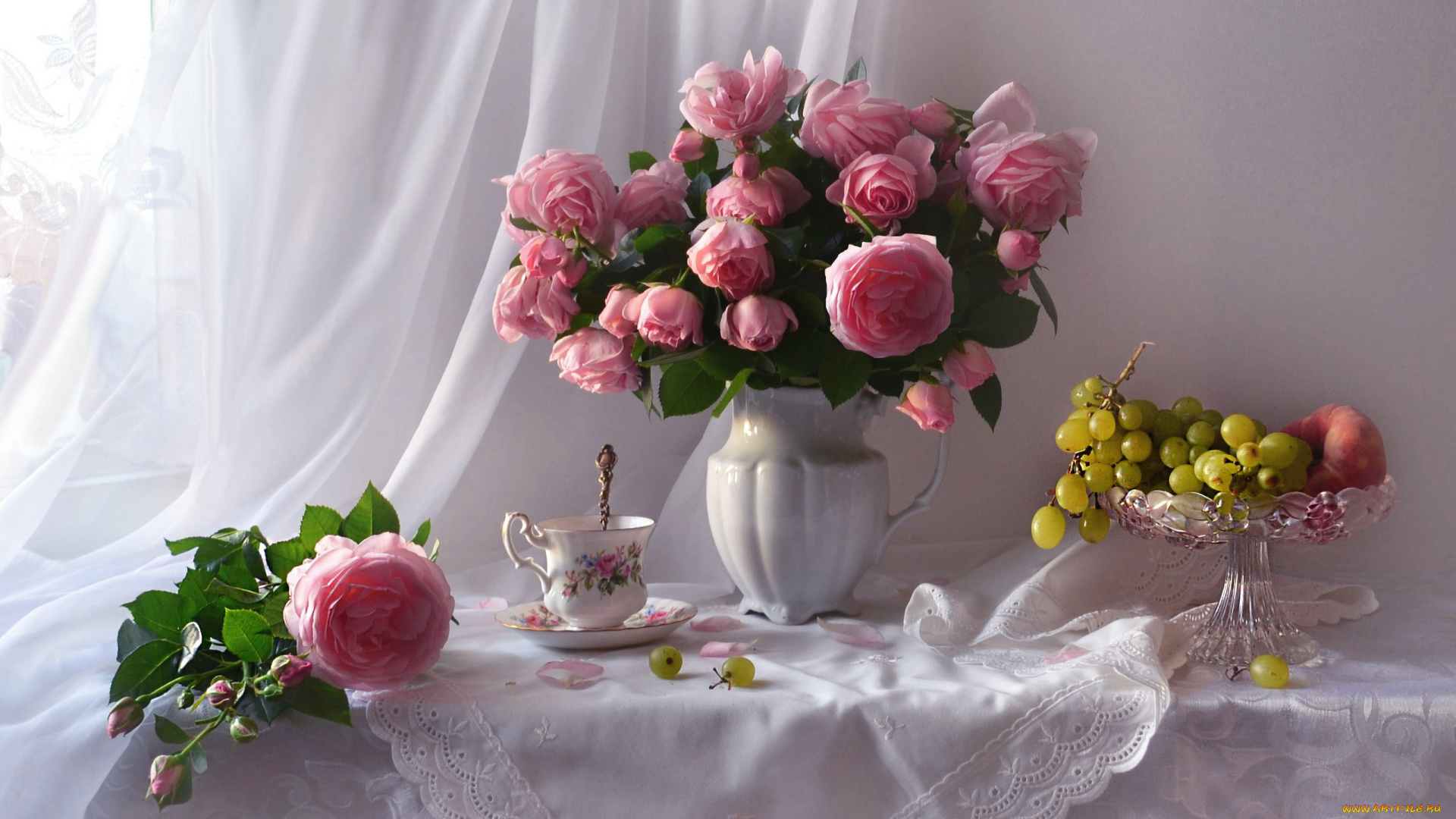 еда, натюрморт, розы, букет, виноград