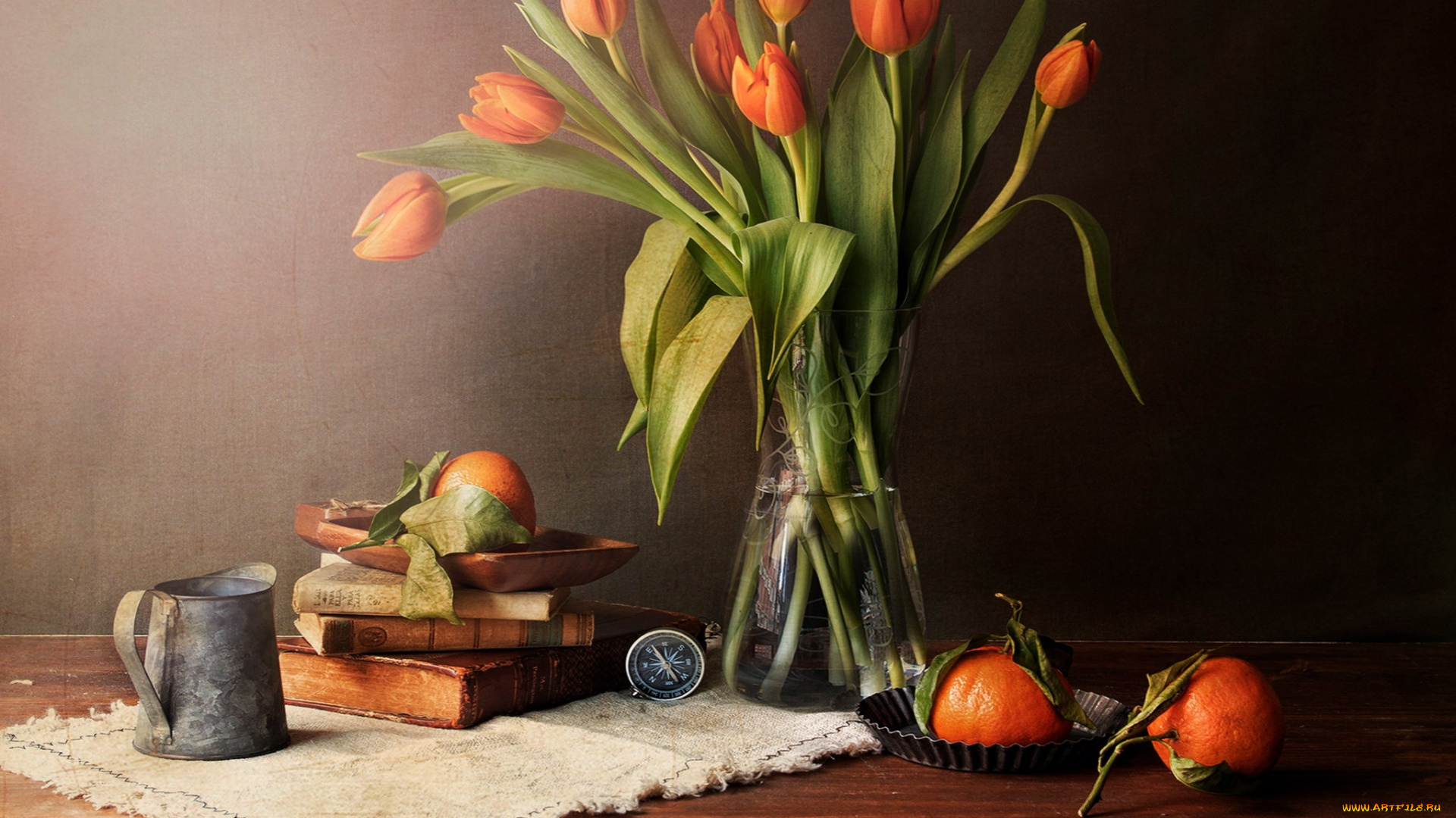 еда, натюрморт, тюльпаны, мандарины, книги, компас