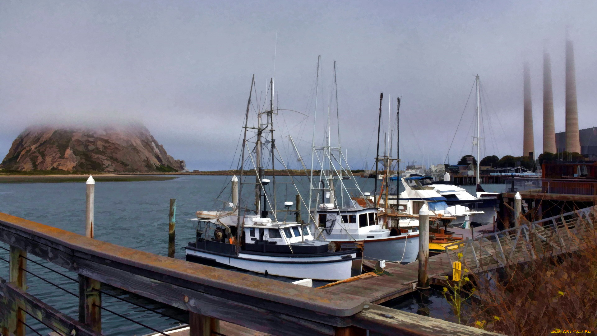 корабли, рисованные, залив, яхты, причал