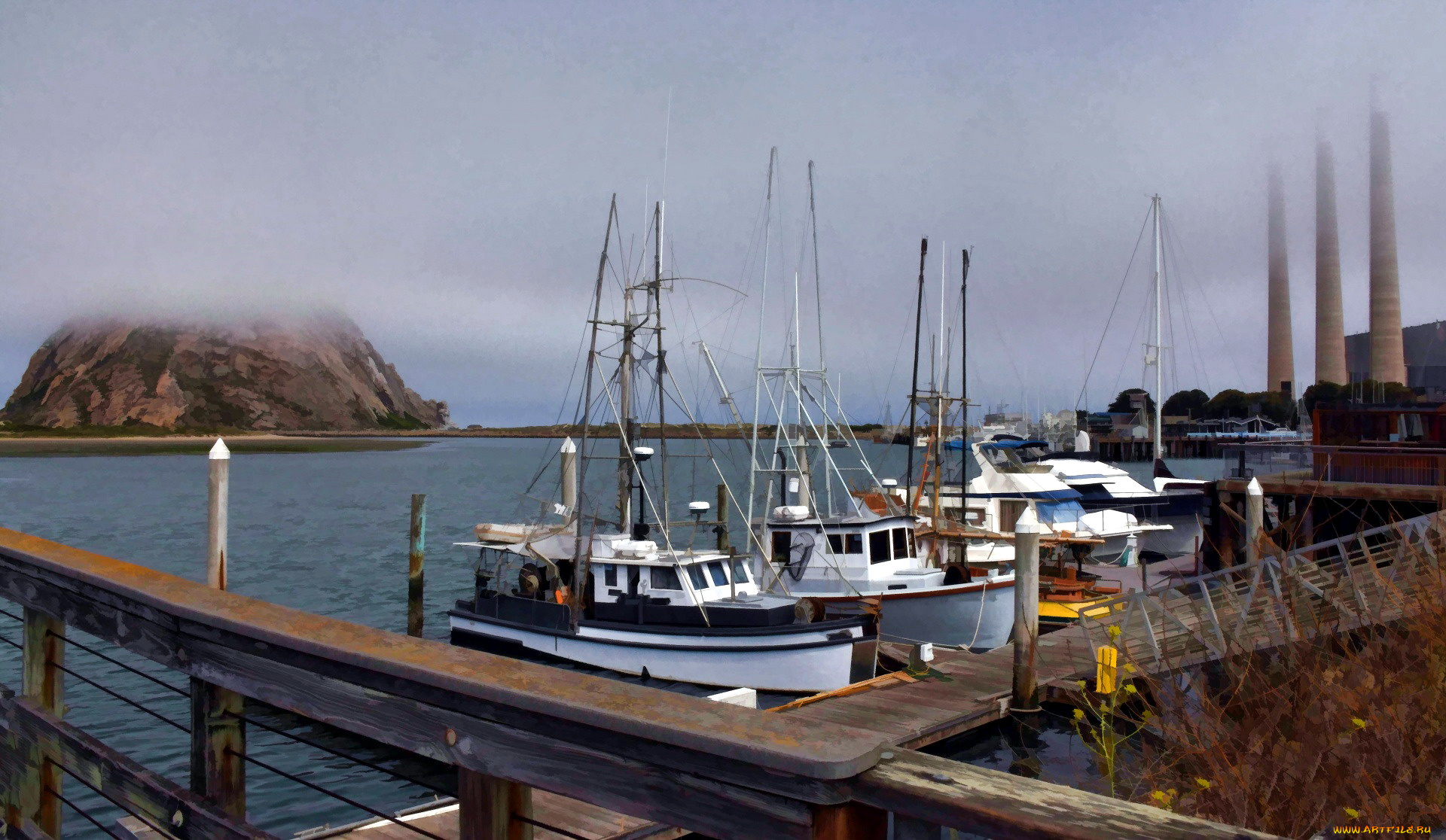 корабли, рисованные, залив, яхты, причал