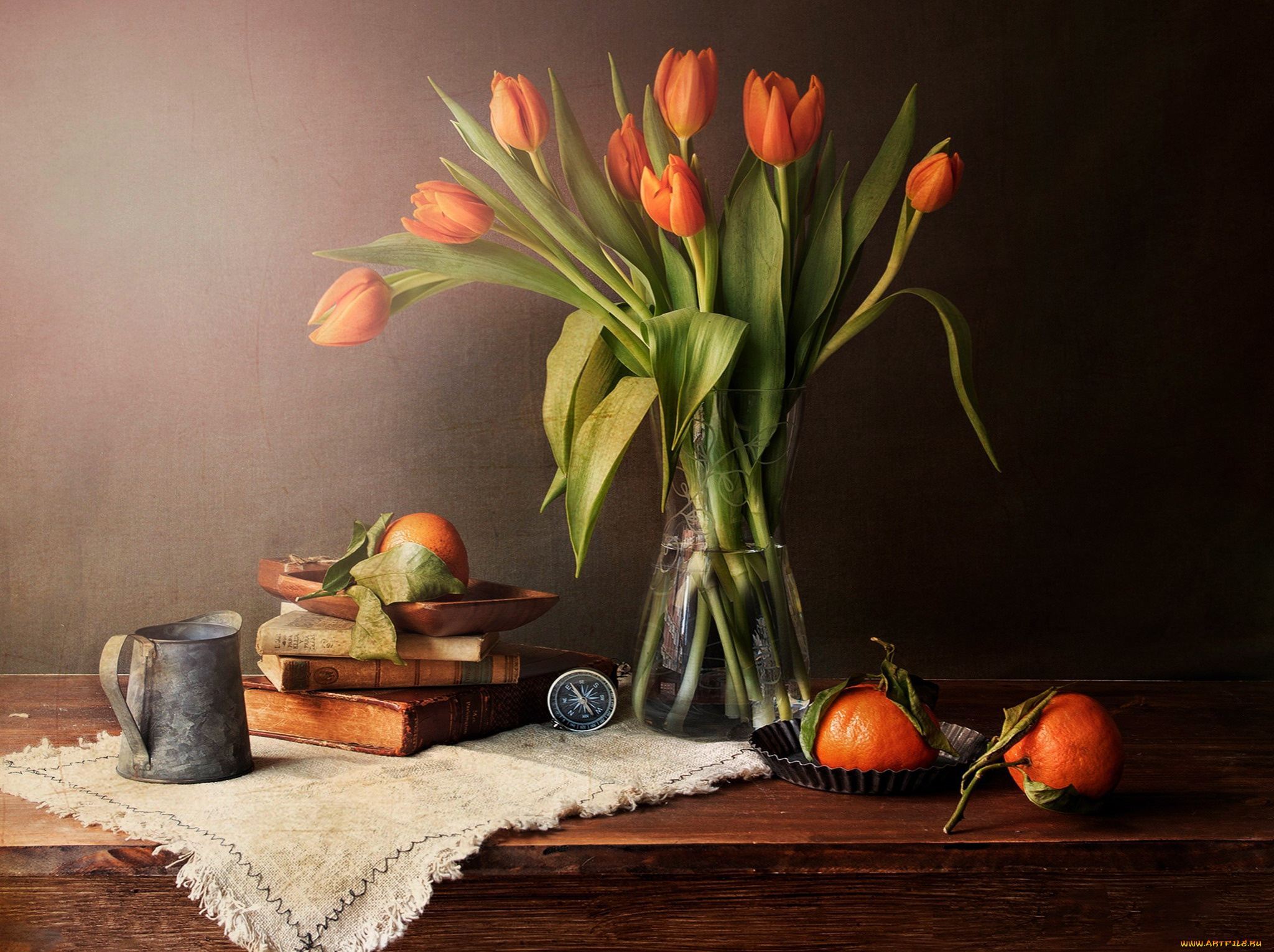 еда, натюрморт, тюльпаны, мандарины, книги, компас
