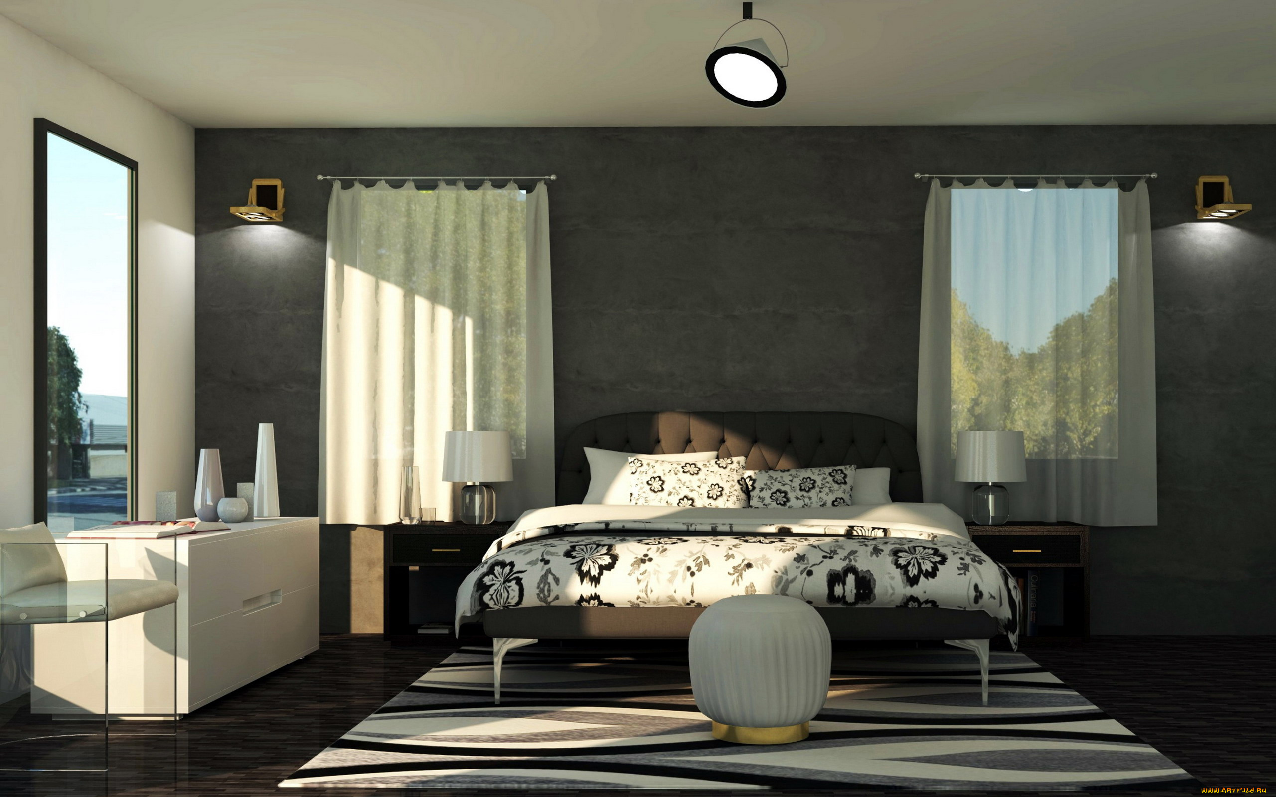 интерьер, спальня, зеркало, кровать