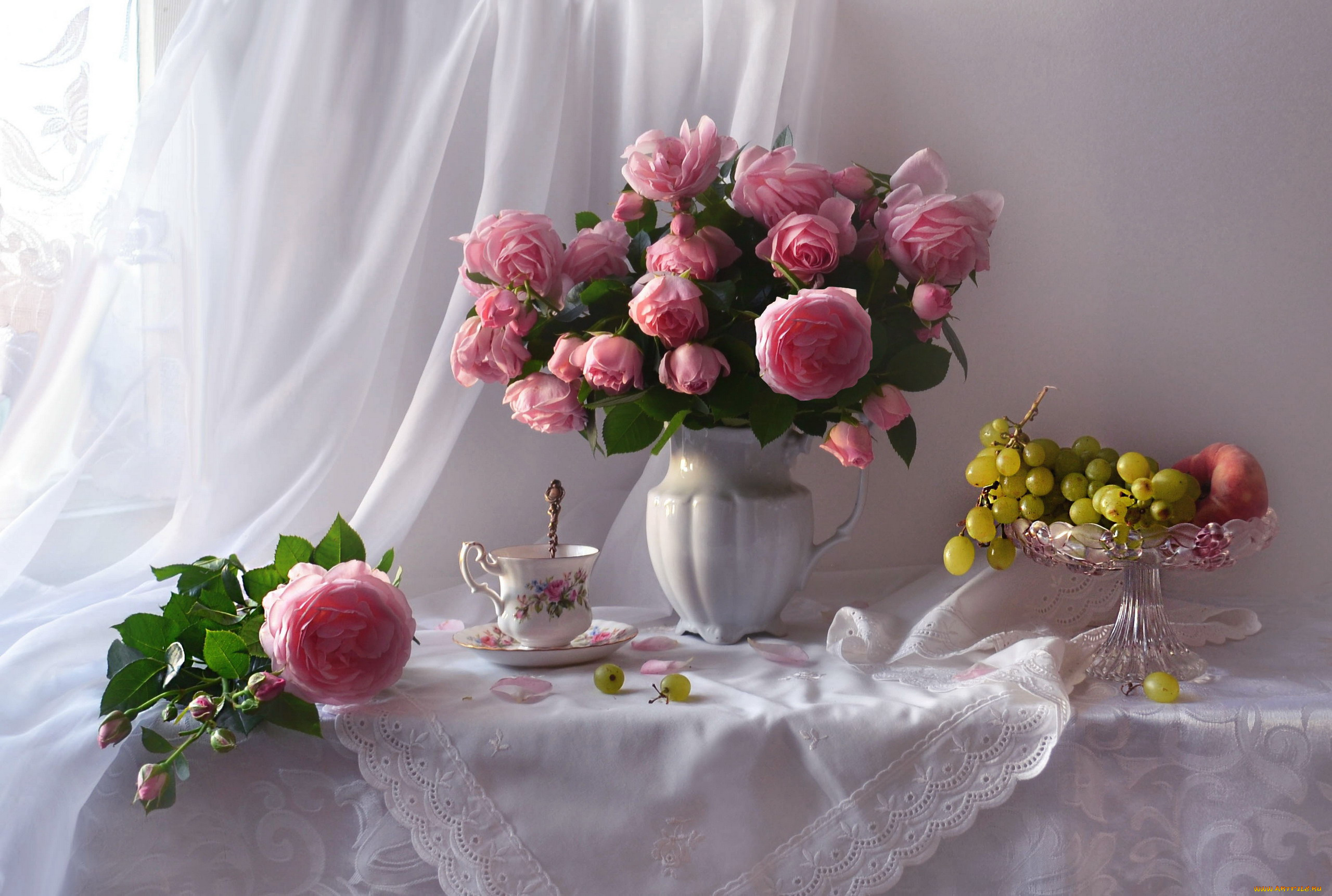 еда, натюрморт, розы, букет, виноград