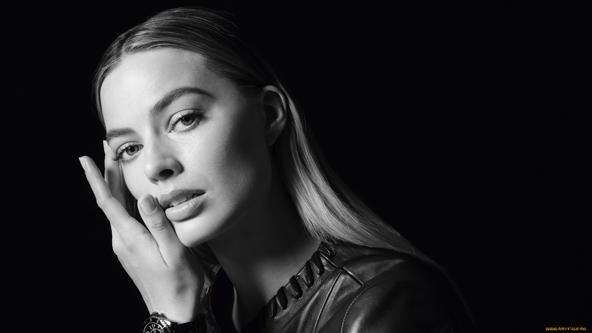 девушки, margot, robbie, актриса, лицо, черно-белая, часы