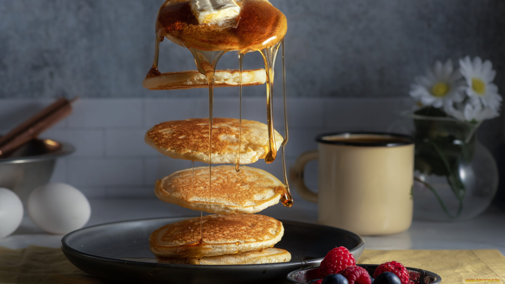 еда, блины, , оладьи, масло, мед, оладьи, ягоды