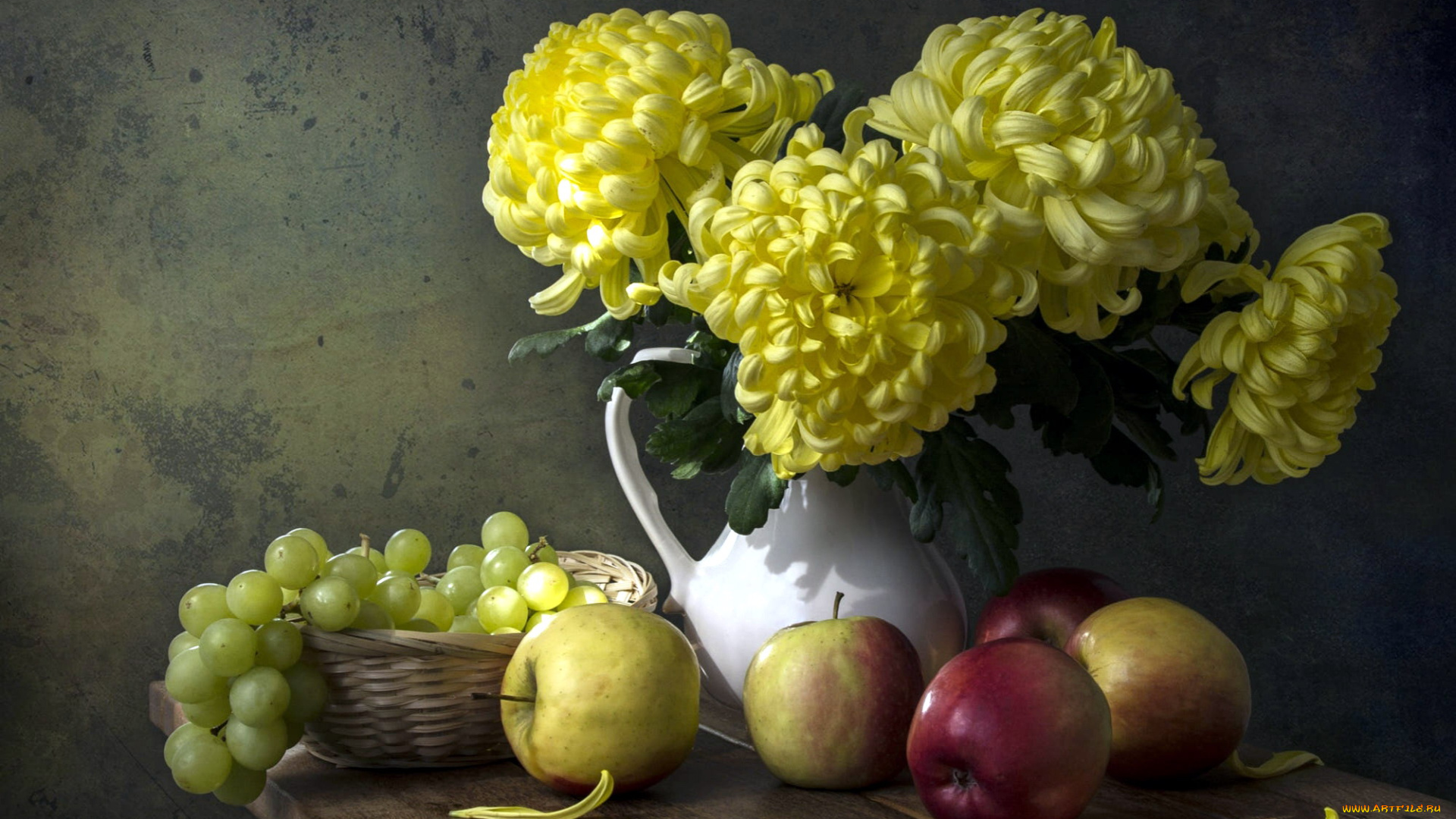 еда, фрукты, , ягоды, хризантемы, виноград, яблоки