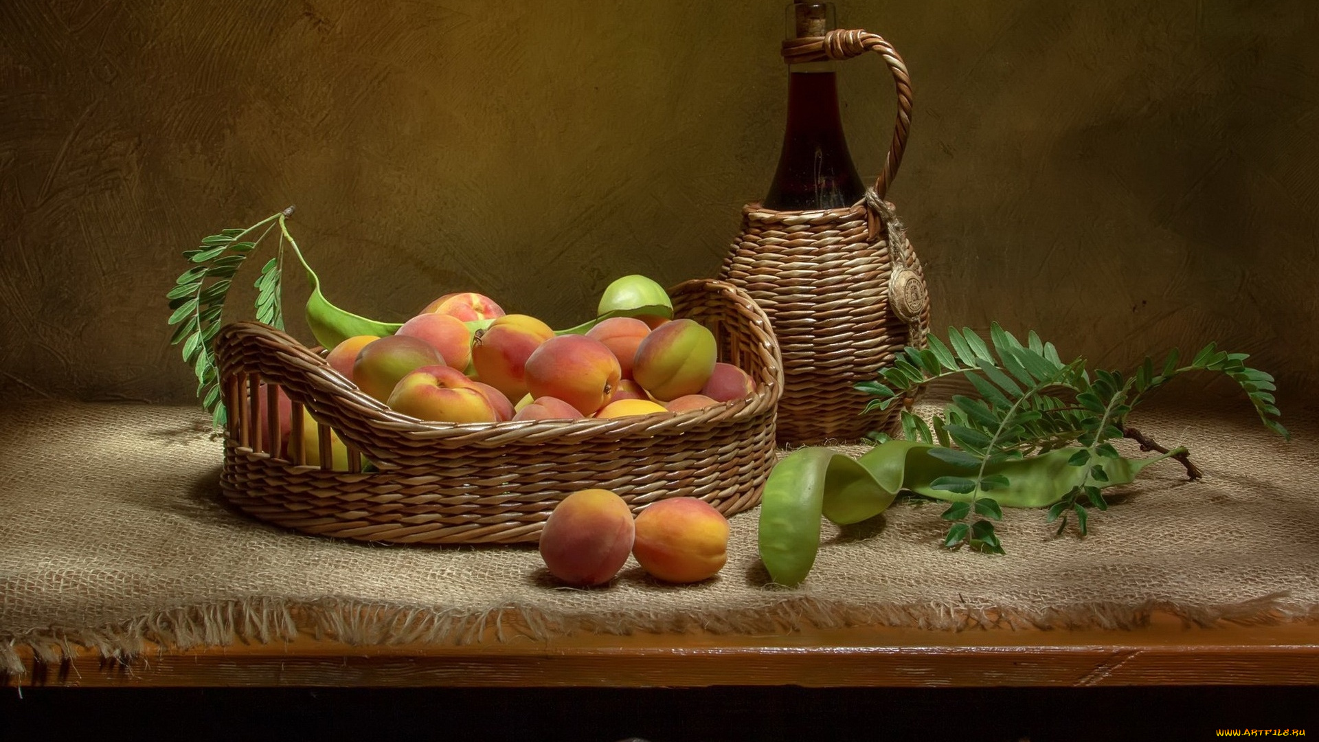 еда, персики, , сливы, , абрикосы, бутыль, корзина, абрикосы, листья