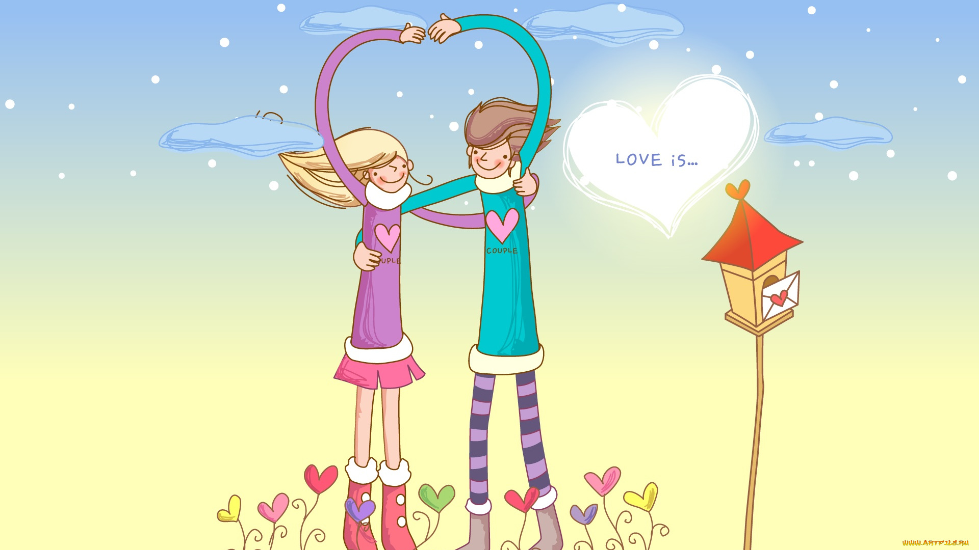 рисованное, праздники, пара, сердечки, письмо