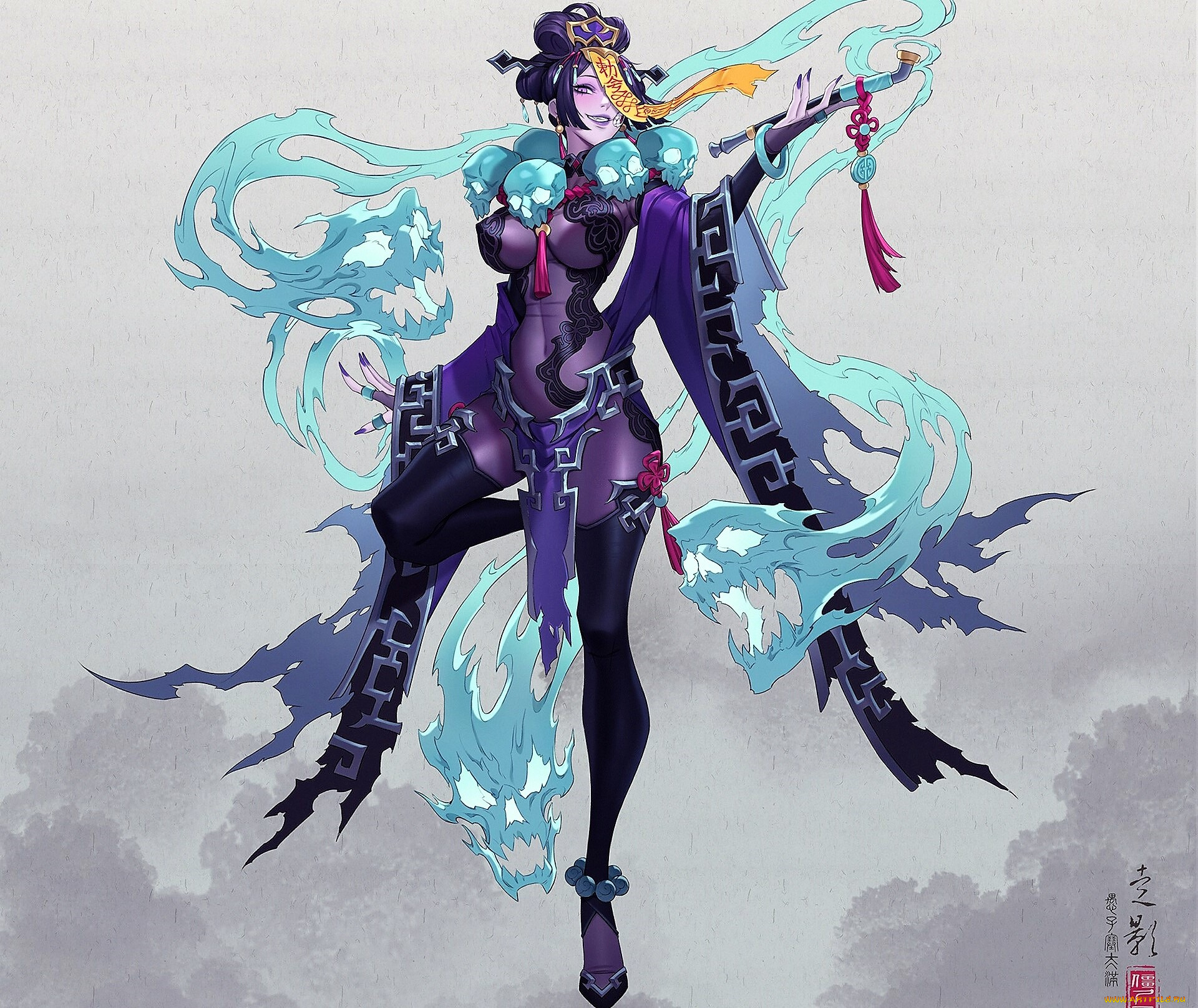 фэнтези, демоны, девушка, трубка, черепа