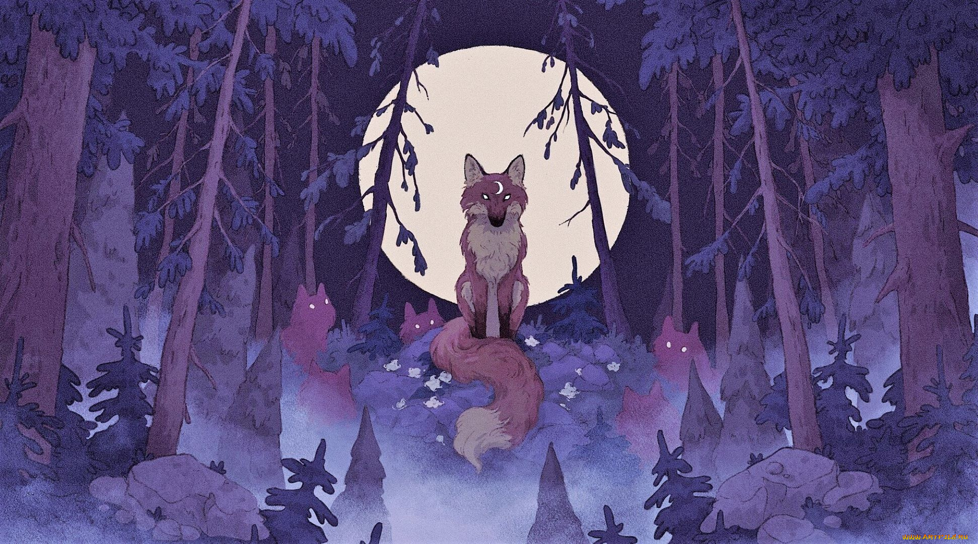 рисованное, животные, , лисы, лес, луна, лисы