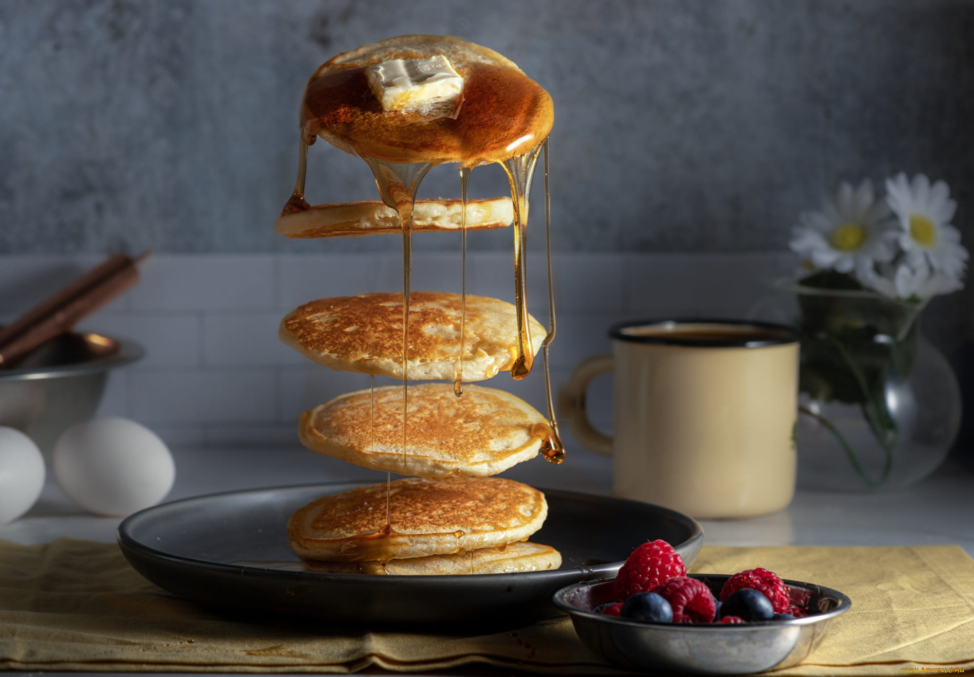 еда, блины, , оладьи, масло, мед, оладьи, ягоды