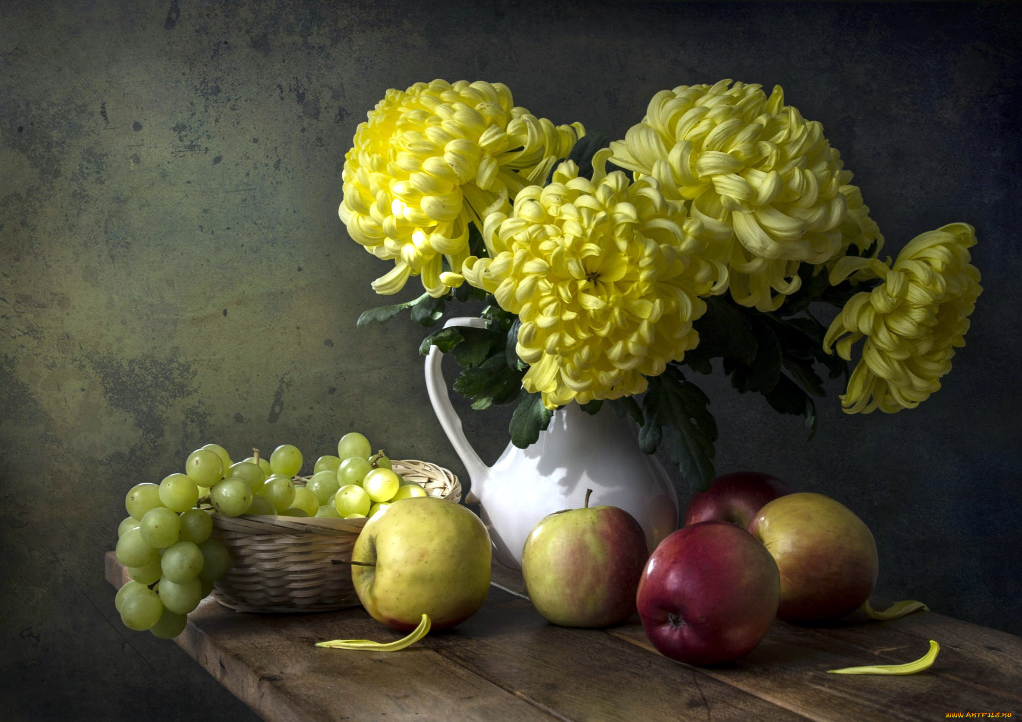 еда, фрукты, , ягоды, хризантемы, виноград, яблоки
