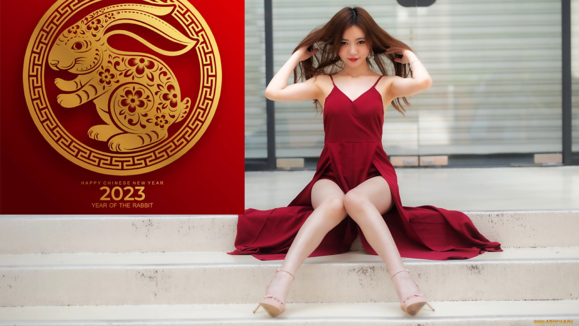 девушки, -, азиатки, азиатка, поза, платье, символ