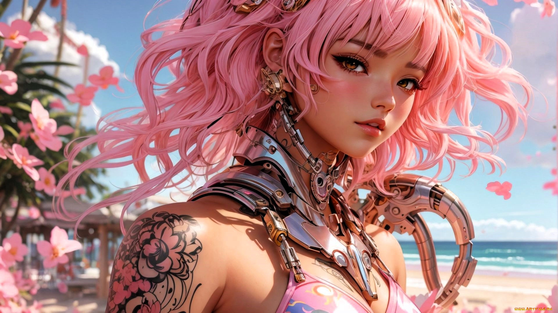 3д, графика, фантазия, , fantasy, девушка, киборг, пляж