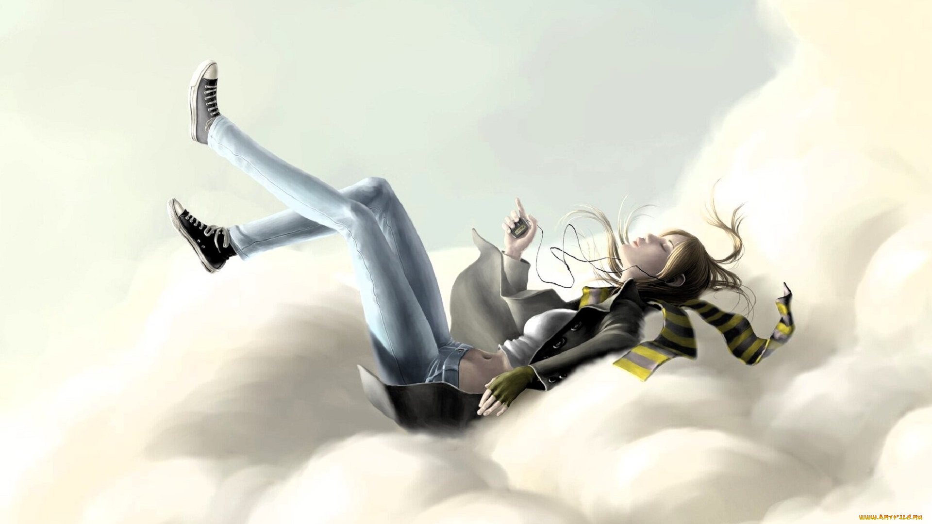 рисованное, люди, девушка, пальто, джинсы, облако