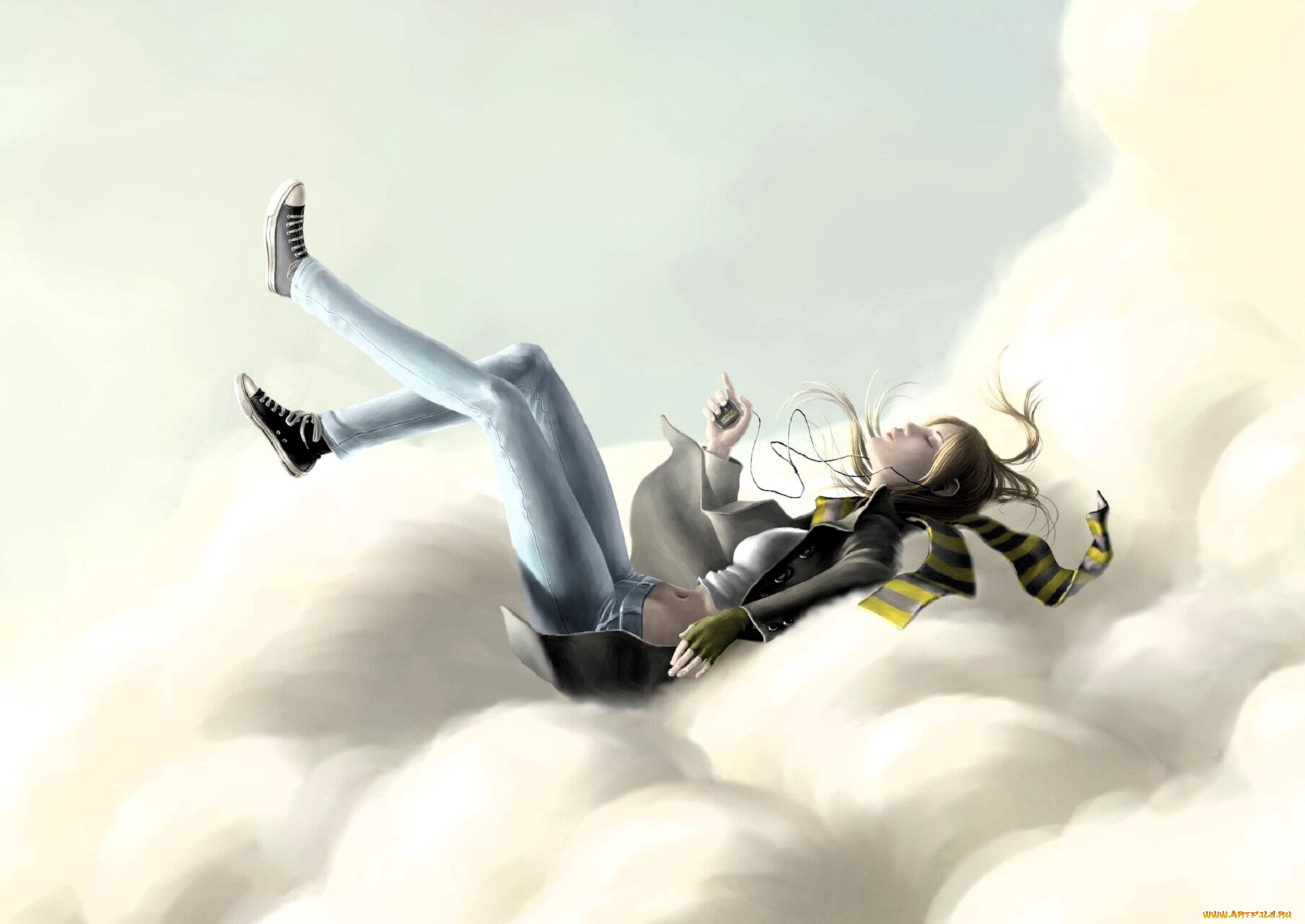 рисованное, люди, девушка, пальто, джинсы, облако