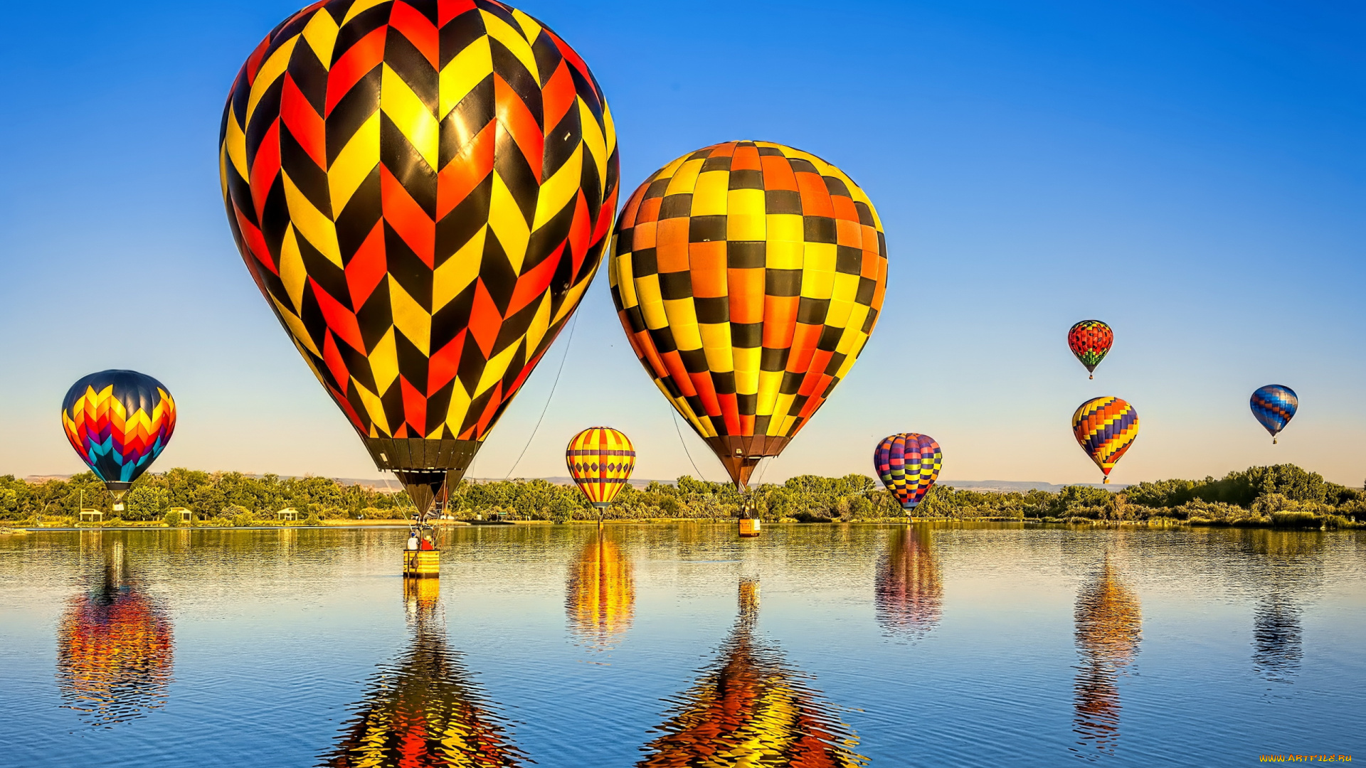 авиация, воздушные, шары, дирижабли, воздушные, шары, полет, река, отражение