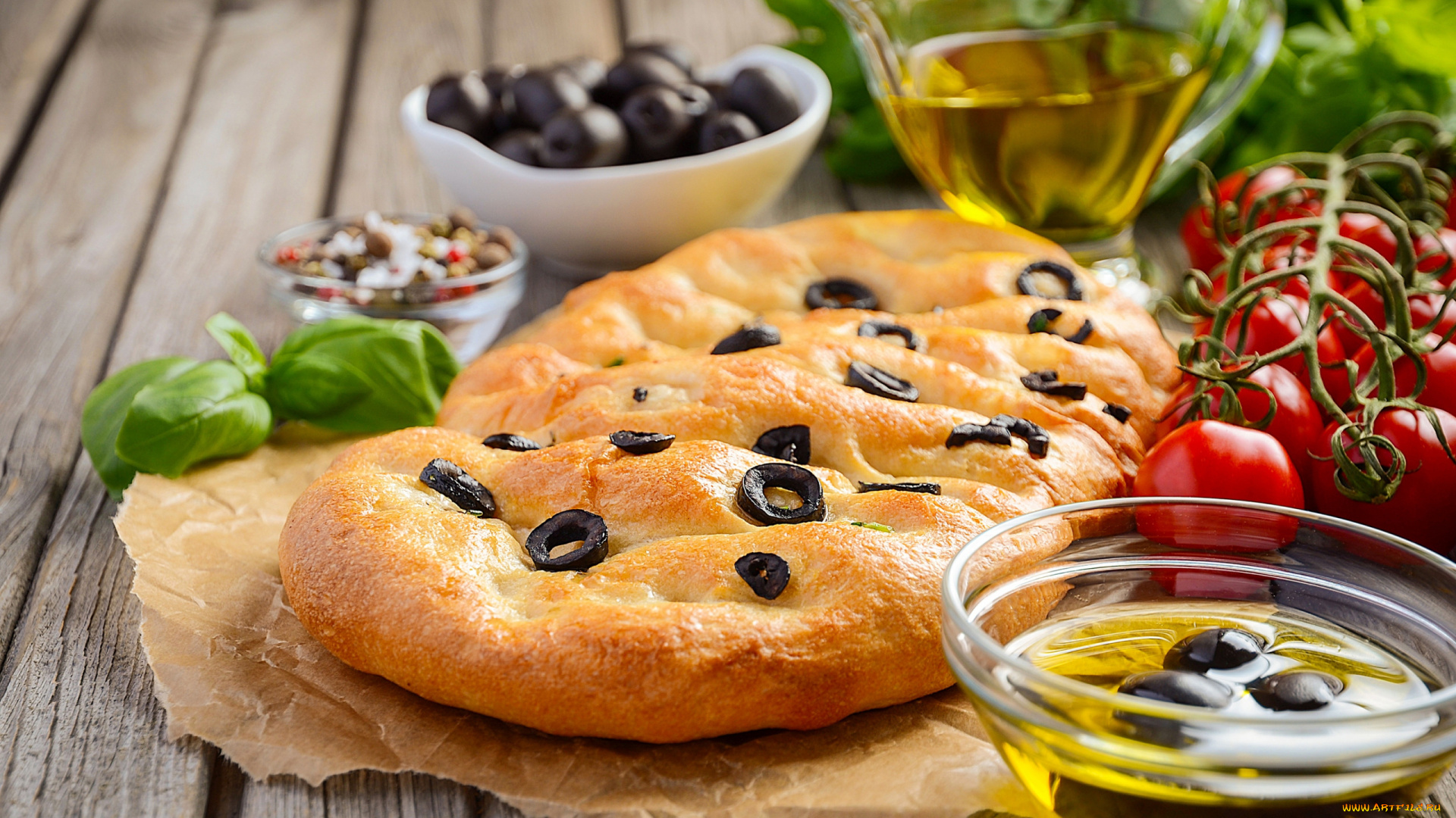еда, пироги, базилик, масло, пирог, помидоры, маслины