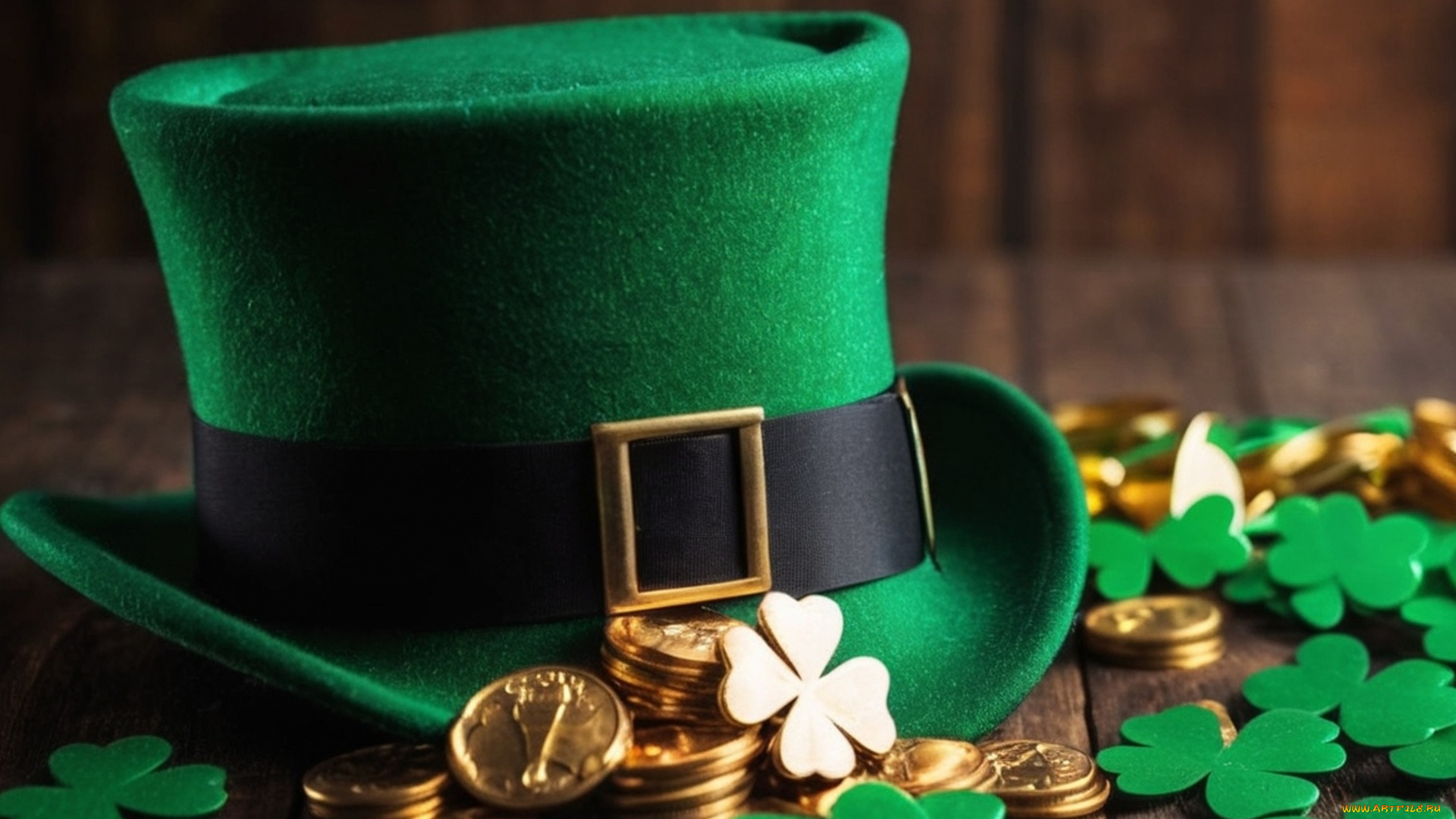 праздничные, день, святого, патрика, шляпа, монеты, клевер, трилистник