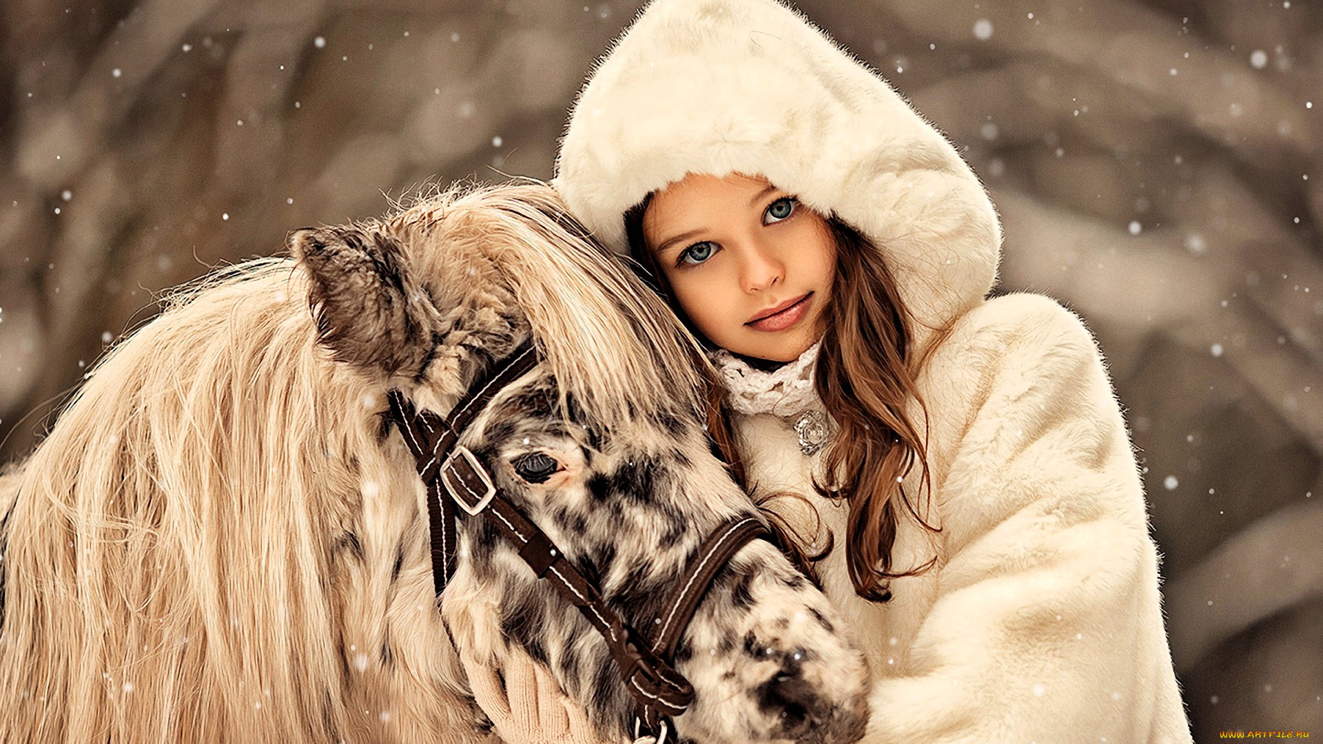 разное, дети, девочка, шуба, лошадь, пони, снег
