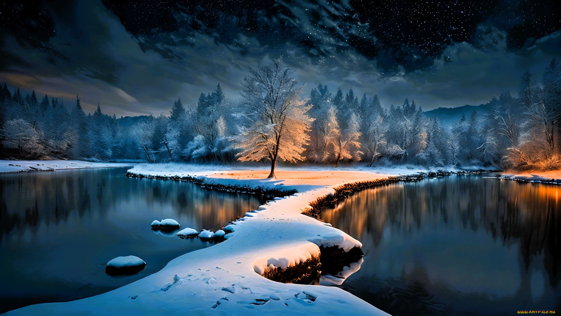 рисованное, природа, зима, деревья, снег, озеро