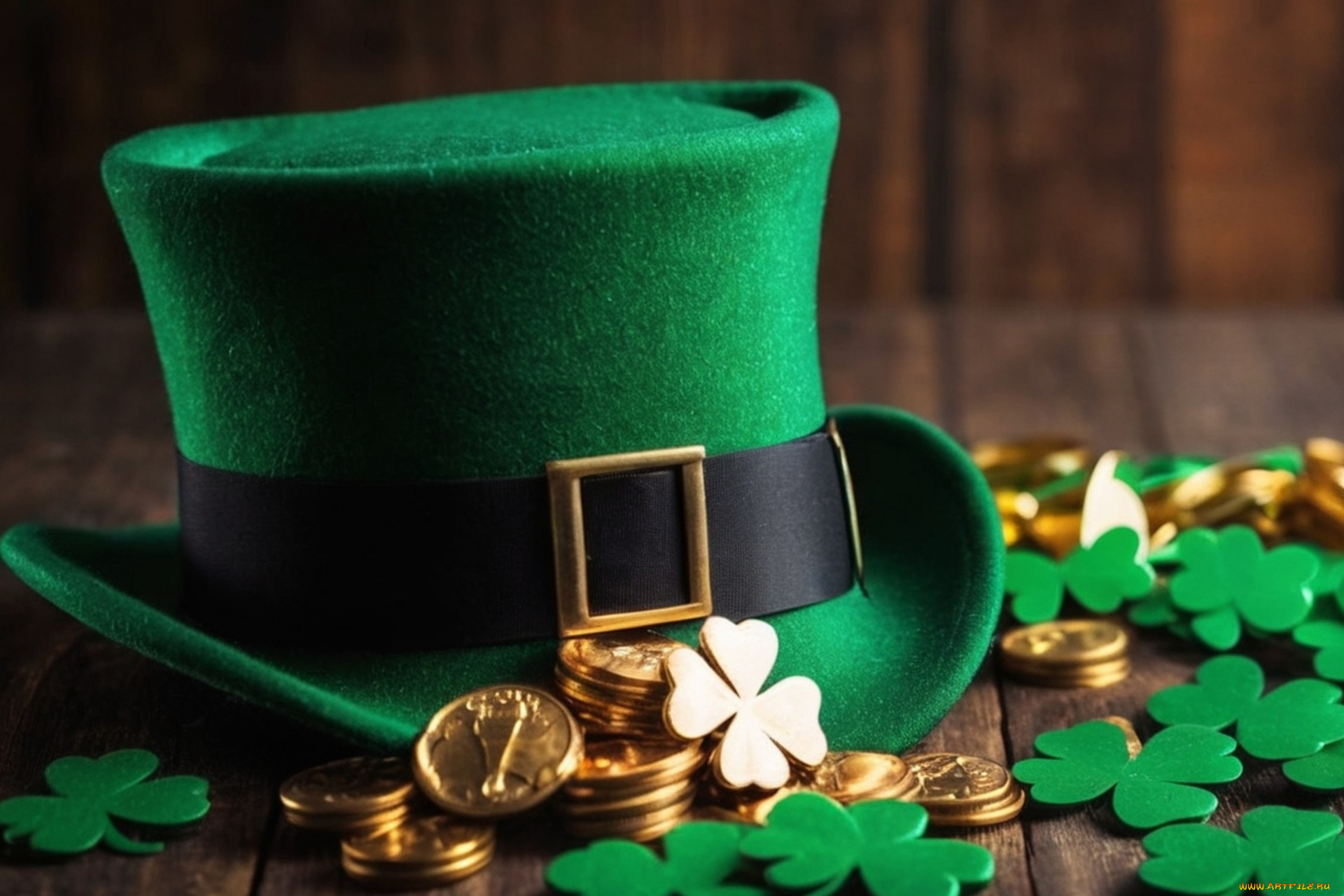 праздничные, день, святого, патрика, шляпа, монеты, клевер, трилистник