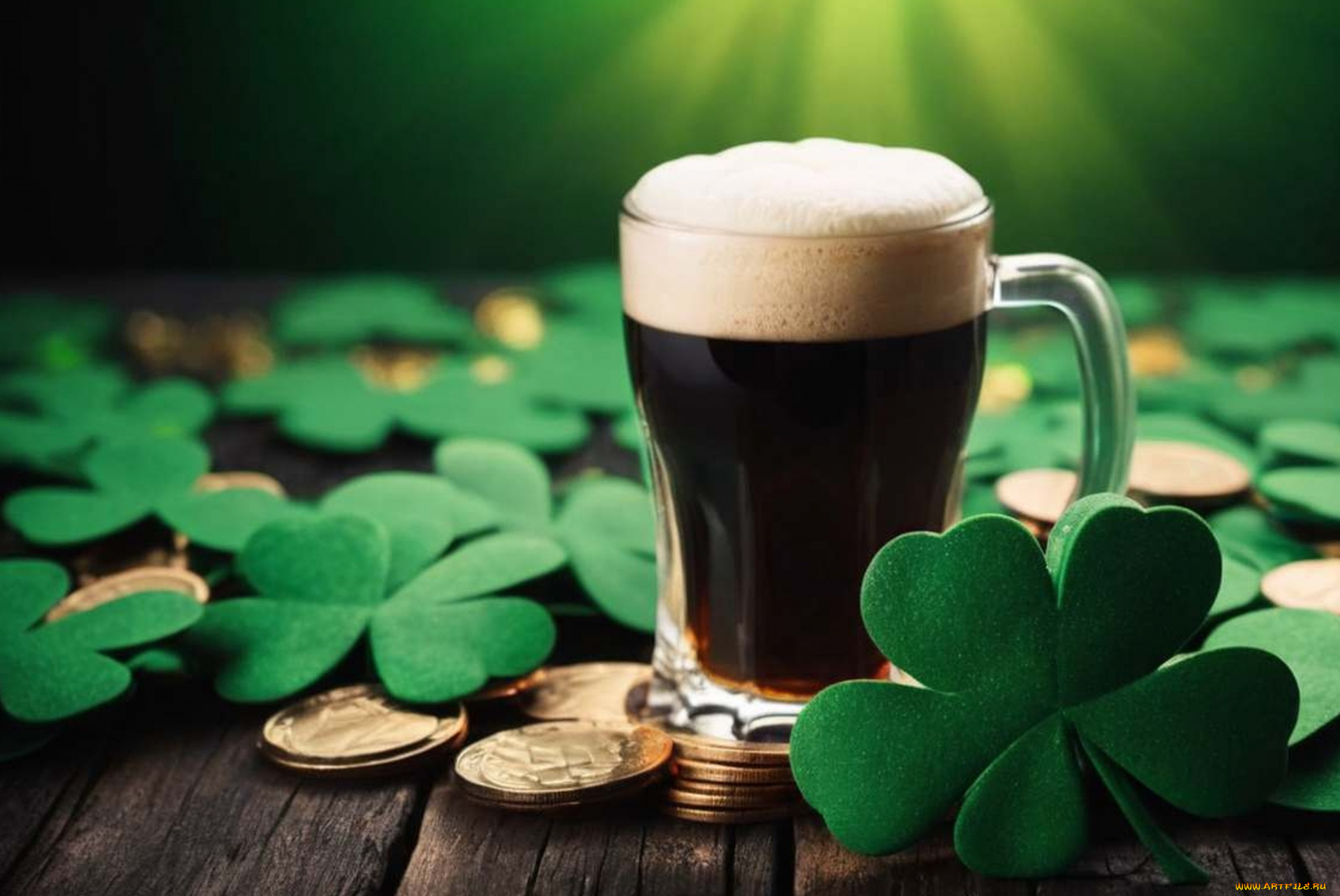 праздничные, день, святого, патрика, бокал, пиво, монеты, клевер, трилистник