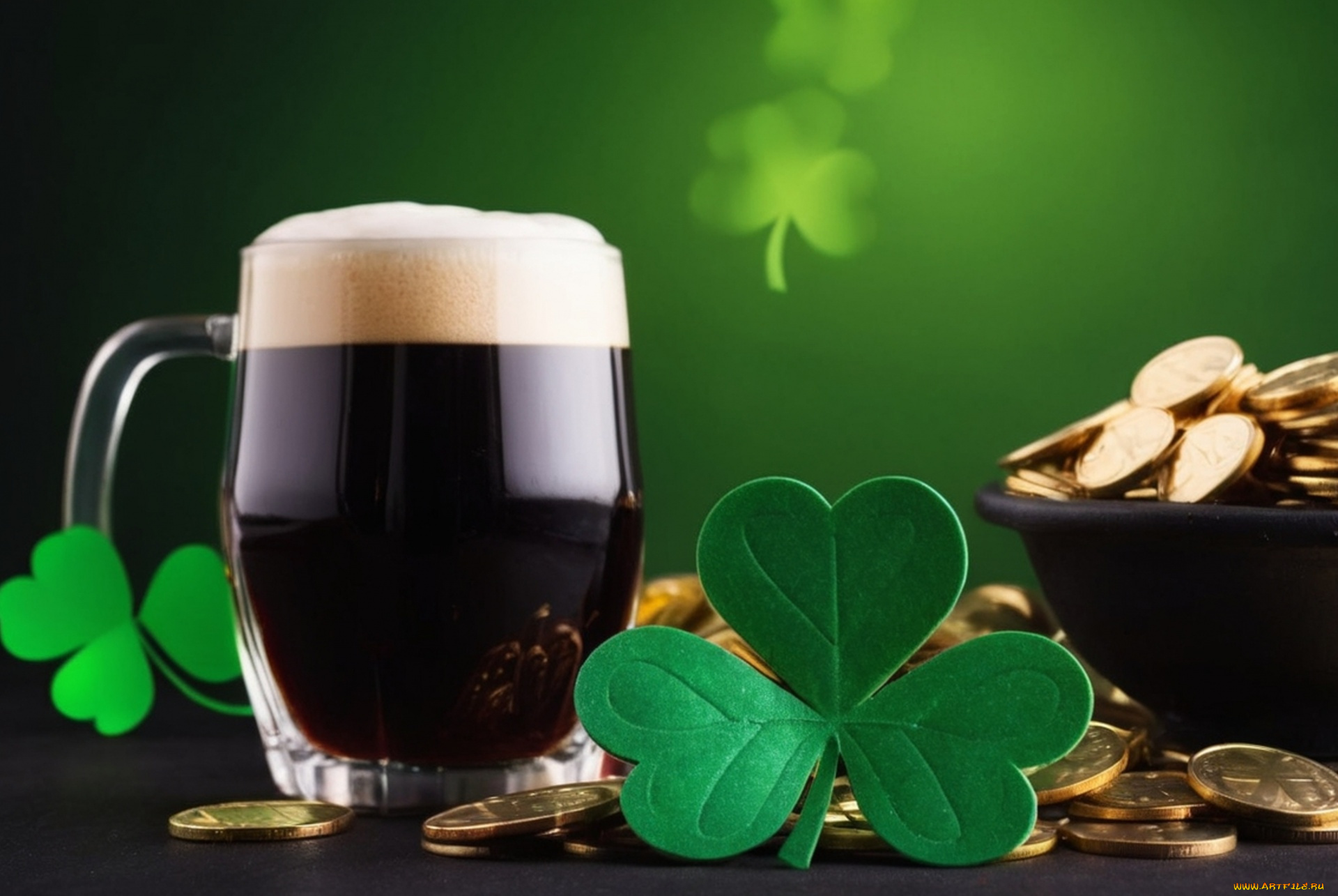 праздничные, день, святого, патрика, бокал, пиво, монеты, клевер, трилистник