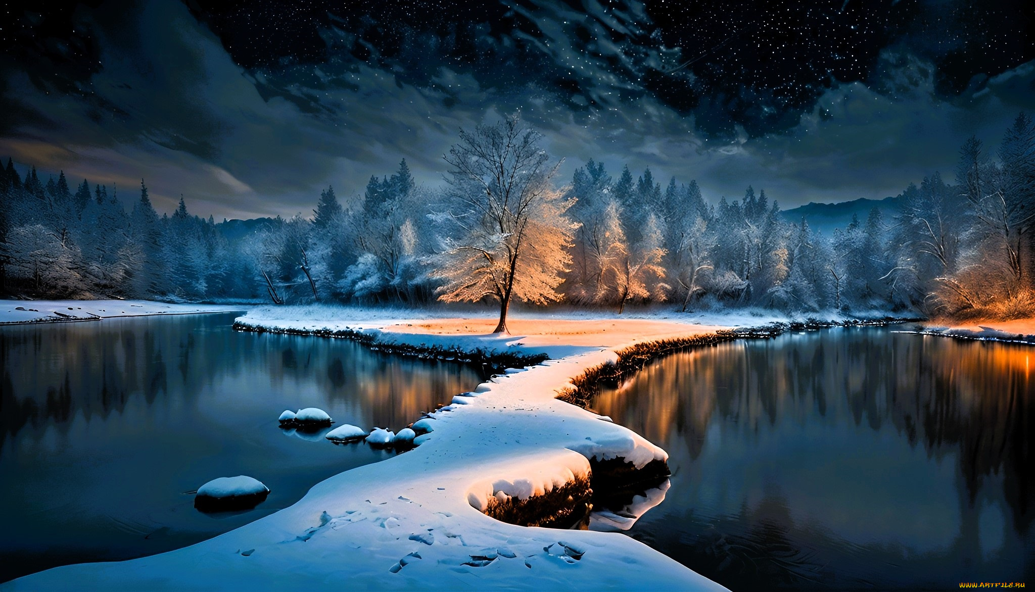 рисованное, природа, зима, деревья, снег, озеро