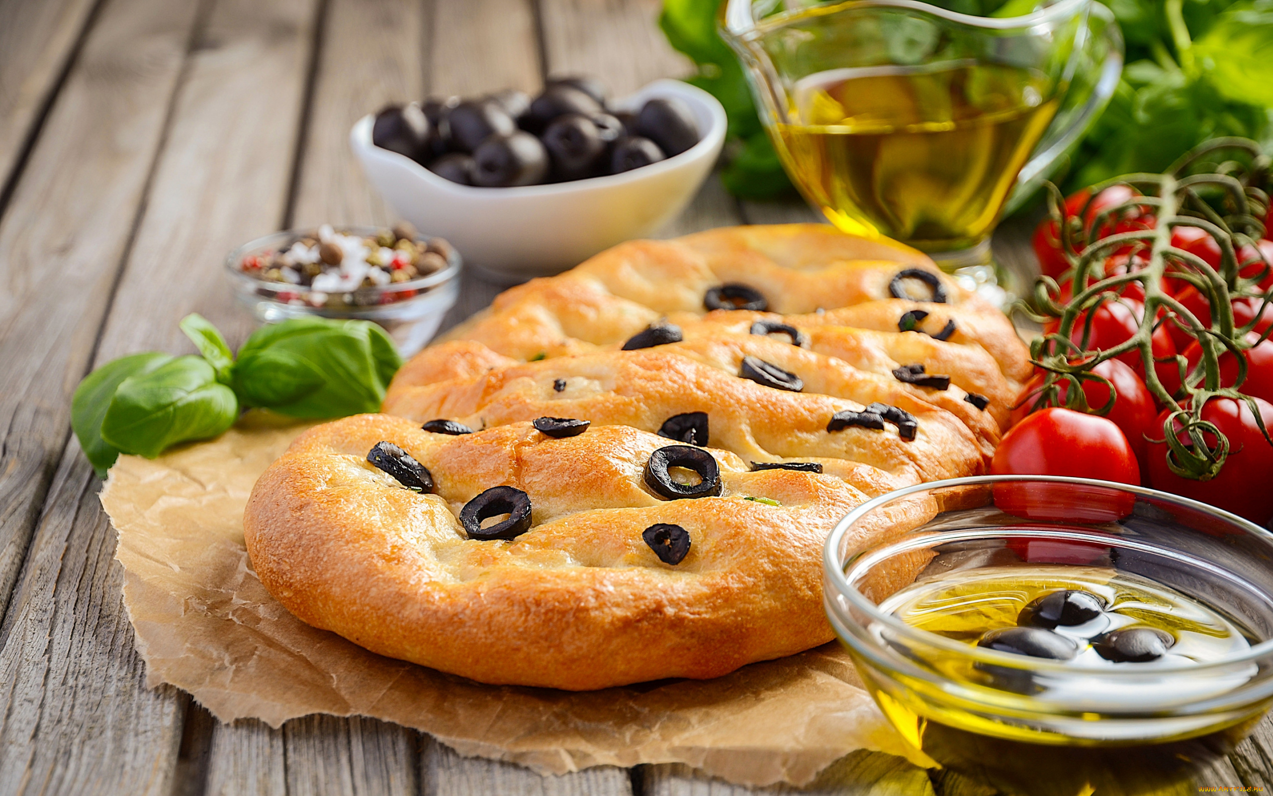 еда, пироги, базилик, масло, пирог, помидоры, маслины