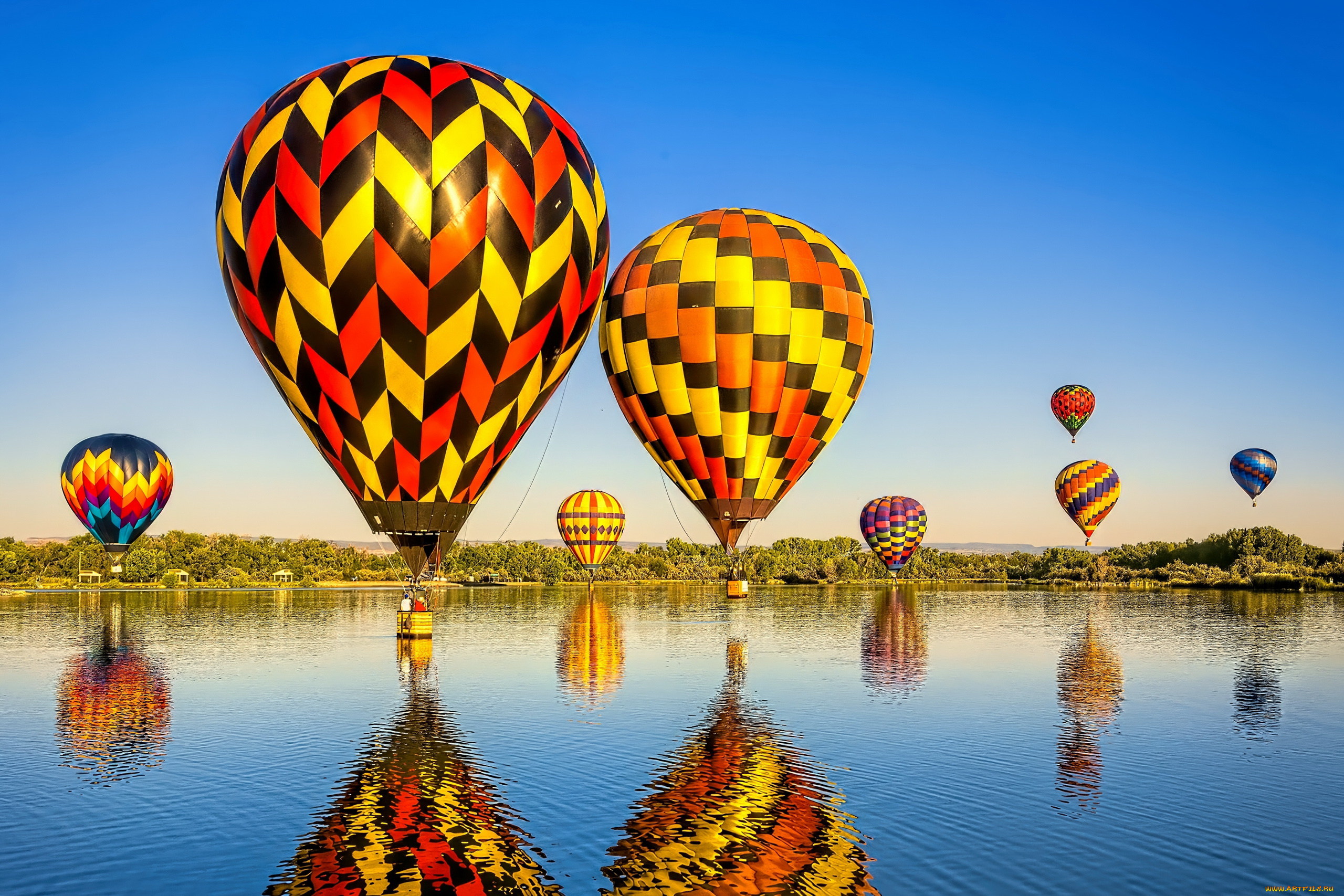 авиация, воздушные, шары, дирижабли, воздушные, шары, полет, река, отражение