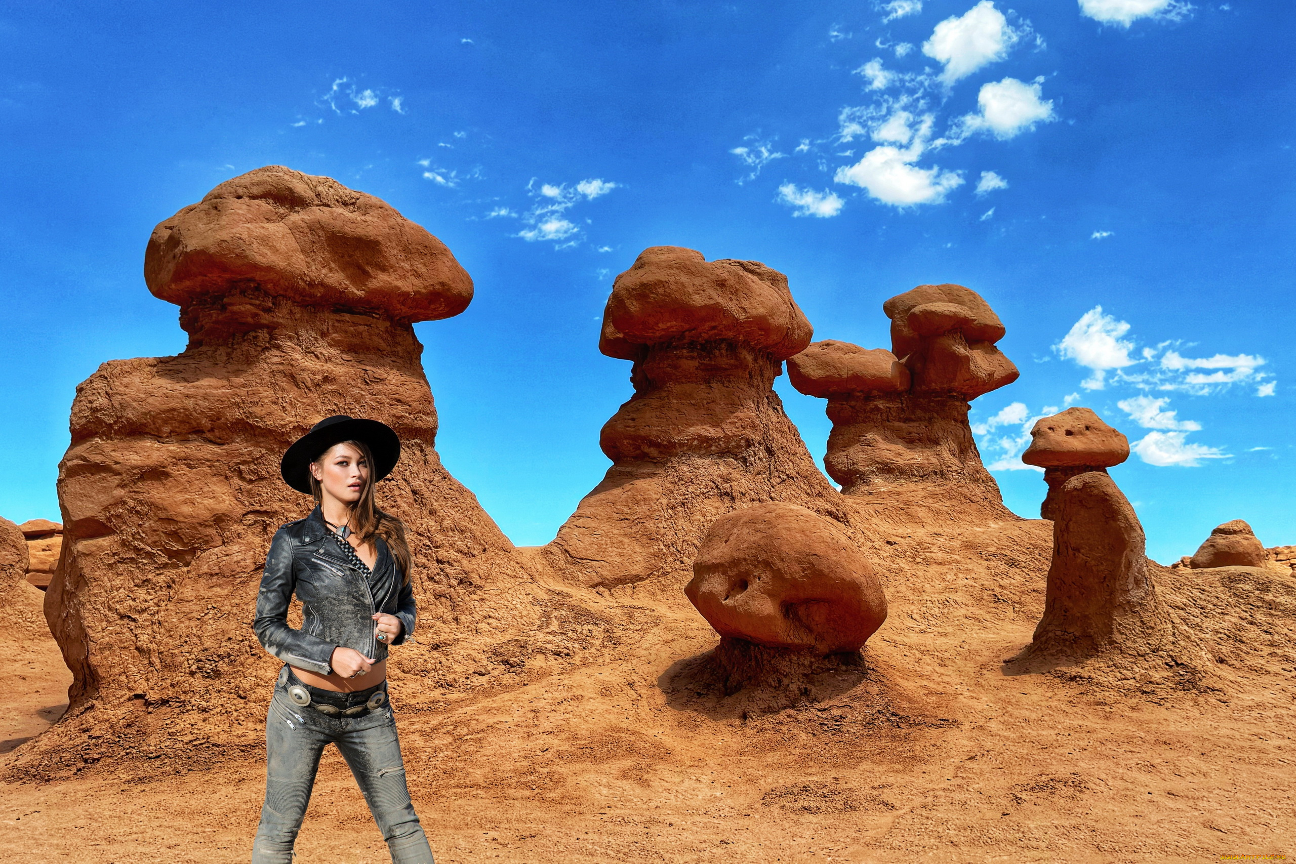 девушки, chelsie, aryn, скалы, брюнетка, куртка, джинсы, шляпа