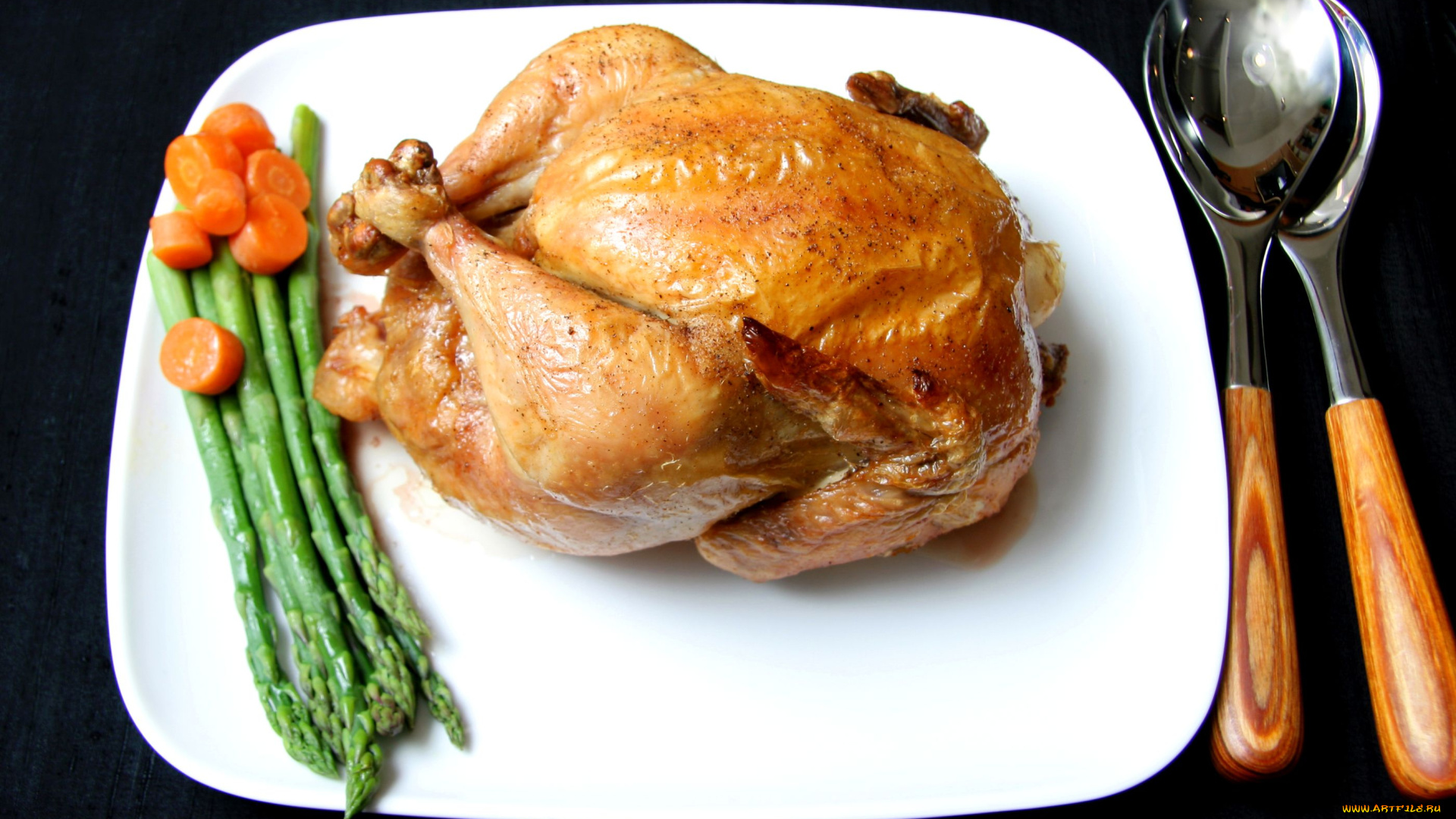 еда, мясные, блюда, ложки, морковь, спаржа, курица