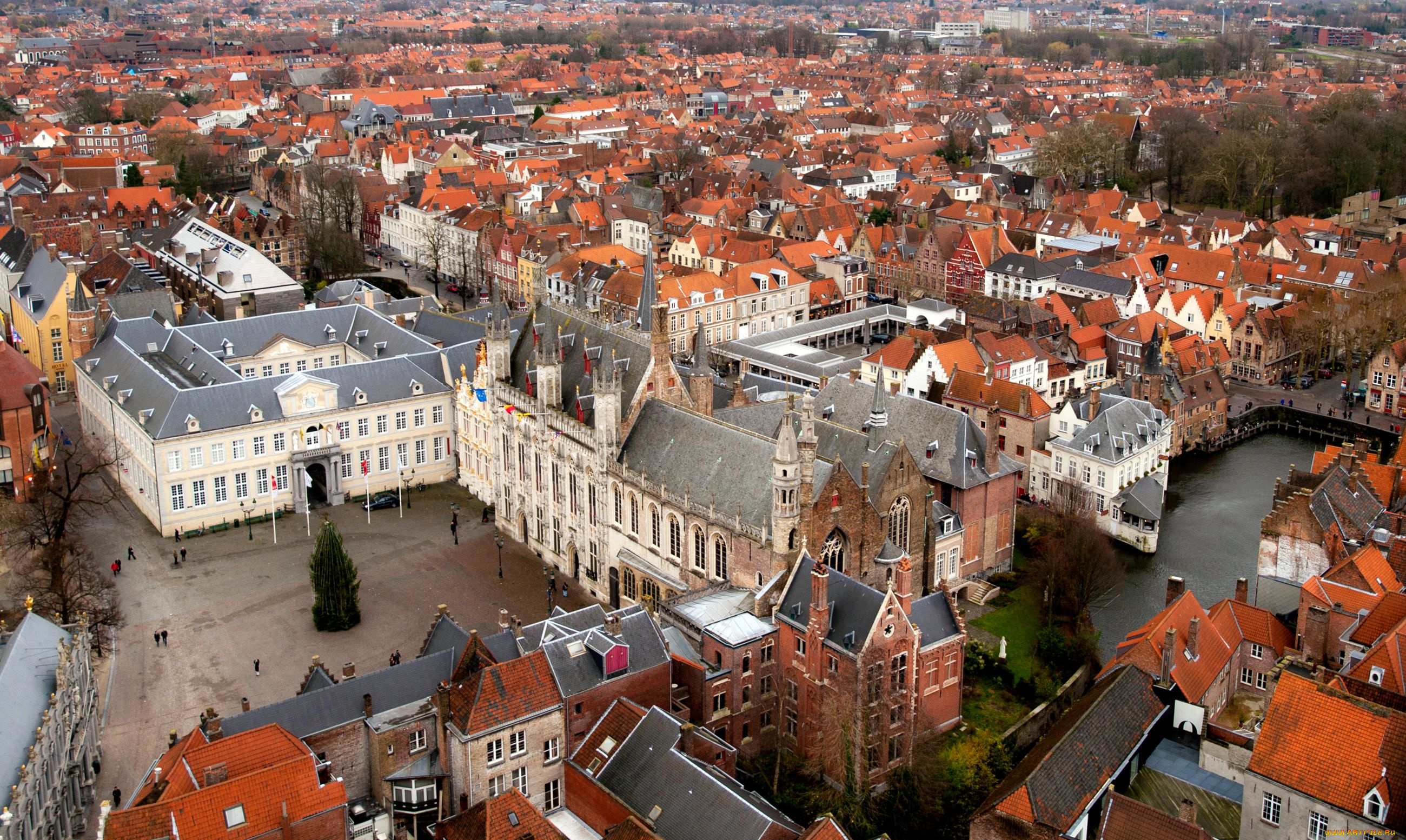 брюгге, бельгия, города, дома, площадь, крыши