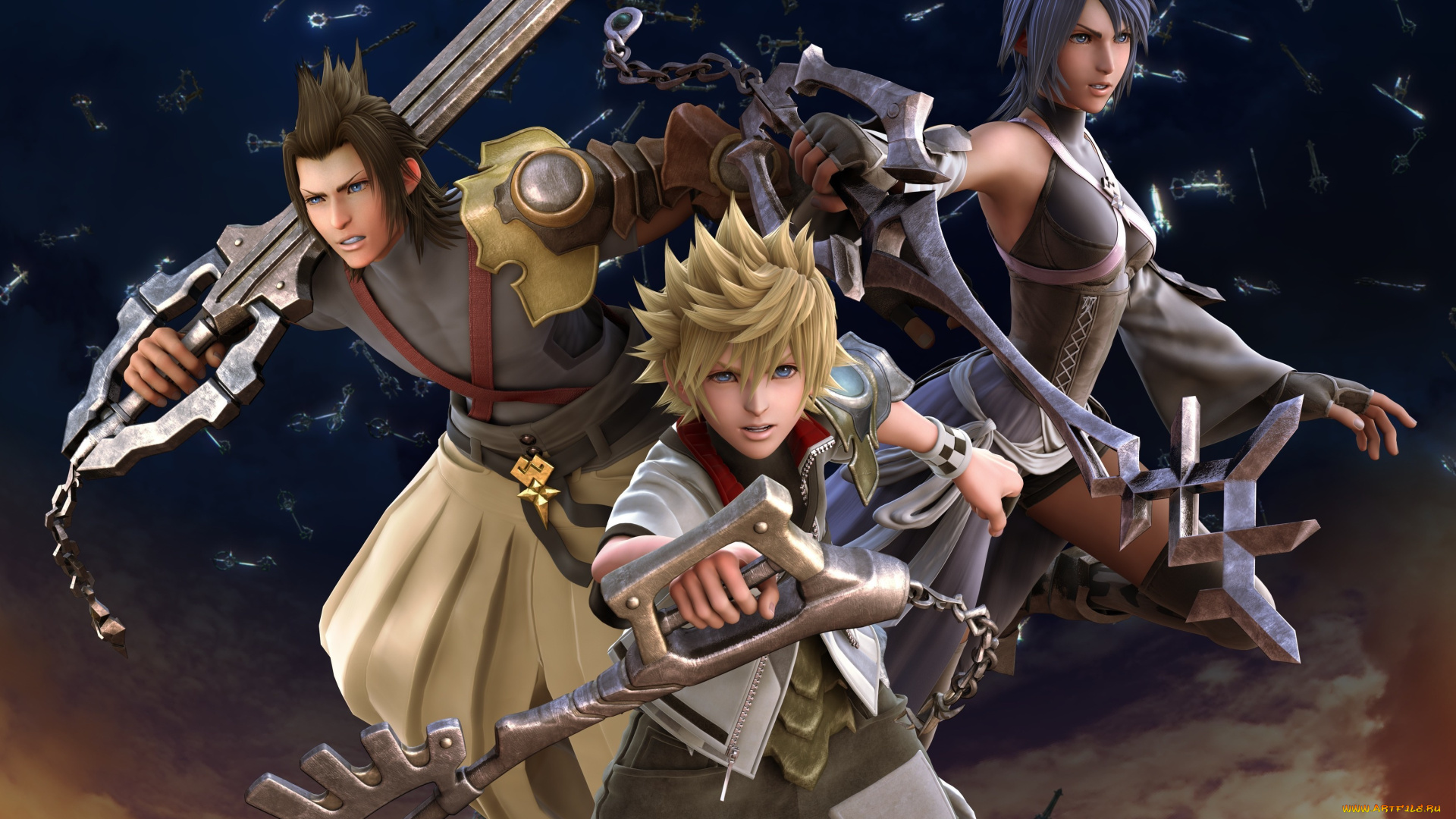 3д, графика, anime, , аниме, парни, ventus, terra, aqua, ключи, оружие, девушка