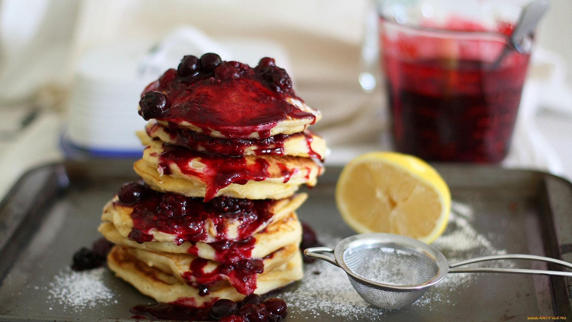 еда, блины, , оладьи, сито, лимон, оладьи, джем