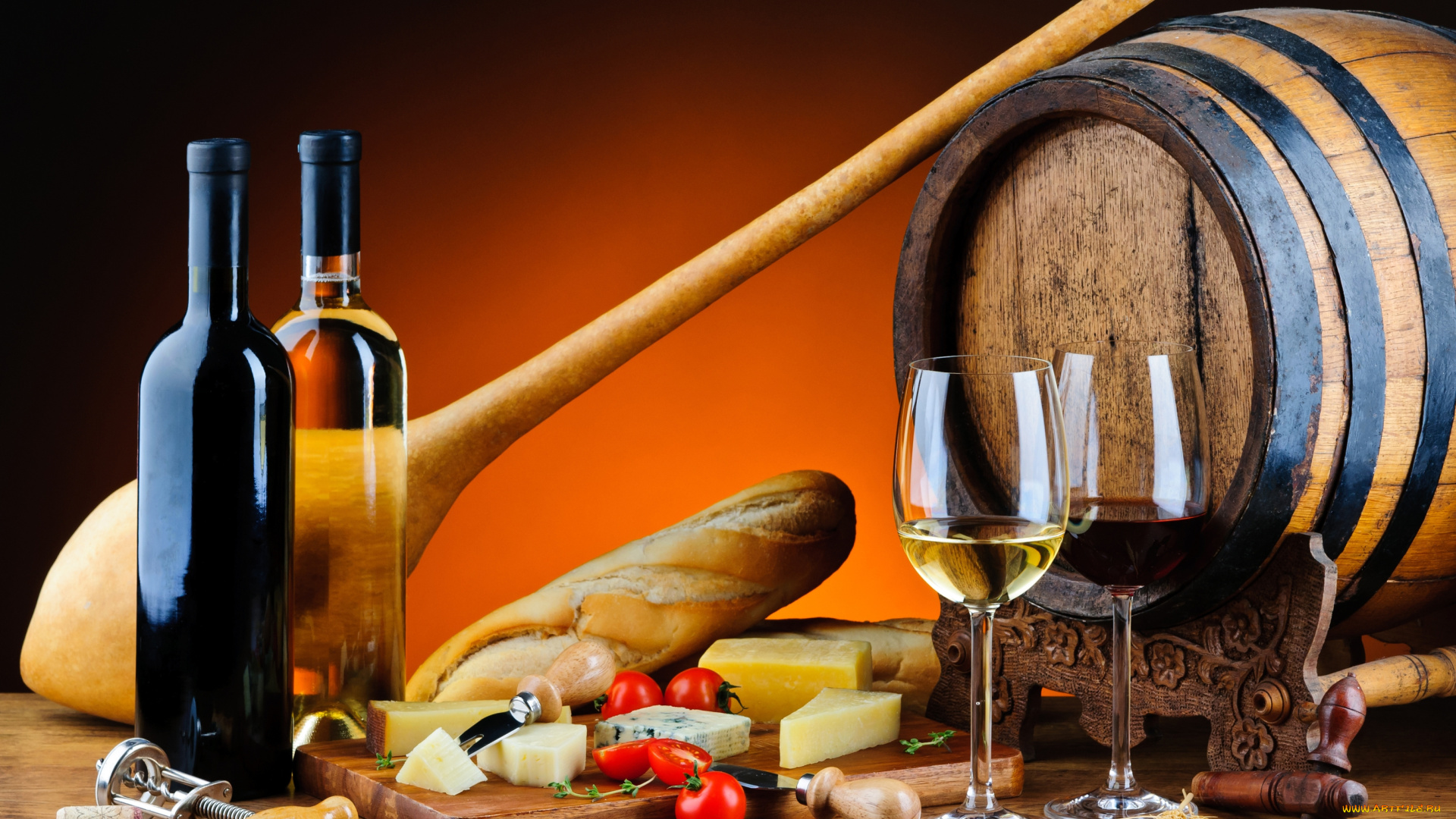 еда, напитки, , вино, белое, батон, хлеб, бутылки, помидоры, сыр, бокалы, красное, бочонок, багет, вино, томаты