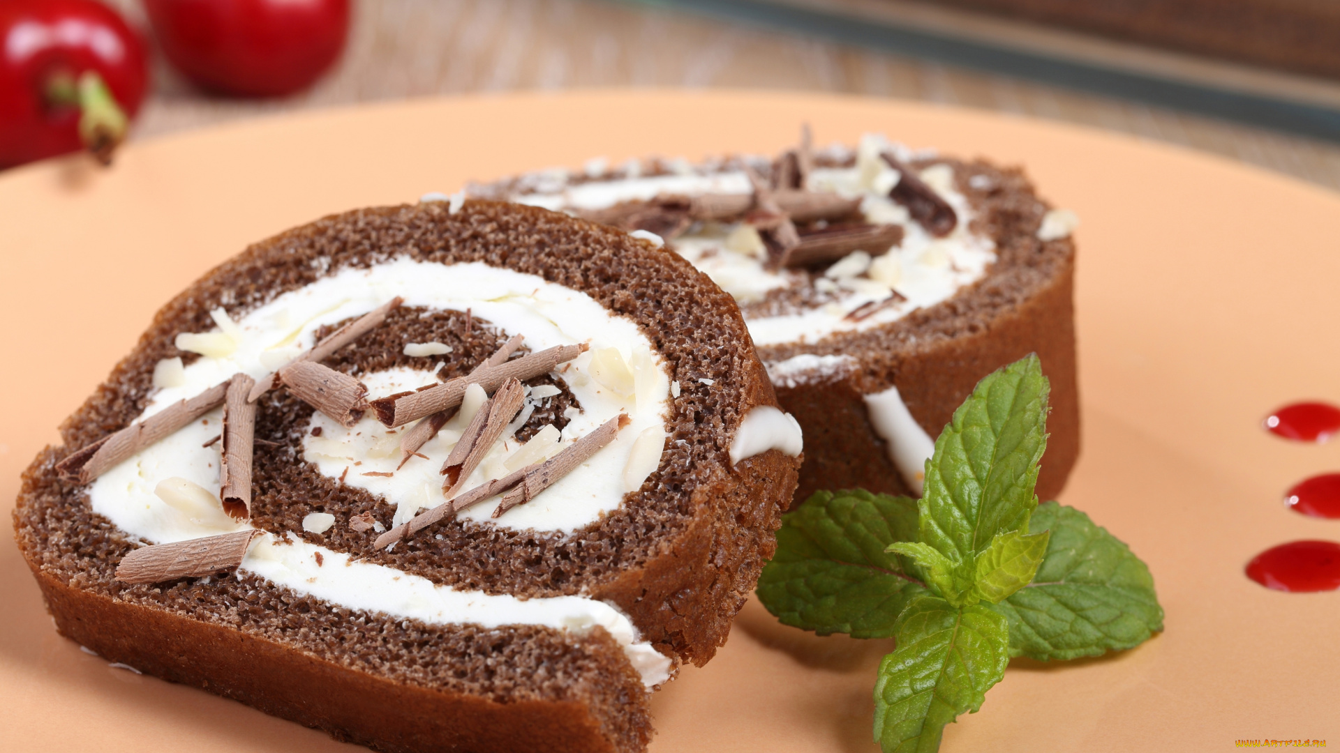 еда, пирожные, , кексы, , печенье, сладкое, мята, десерт, ягоды, крем, шоколад, рулет