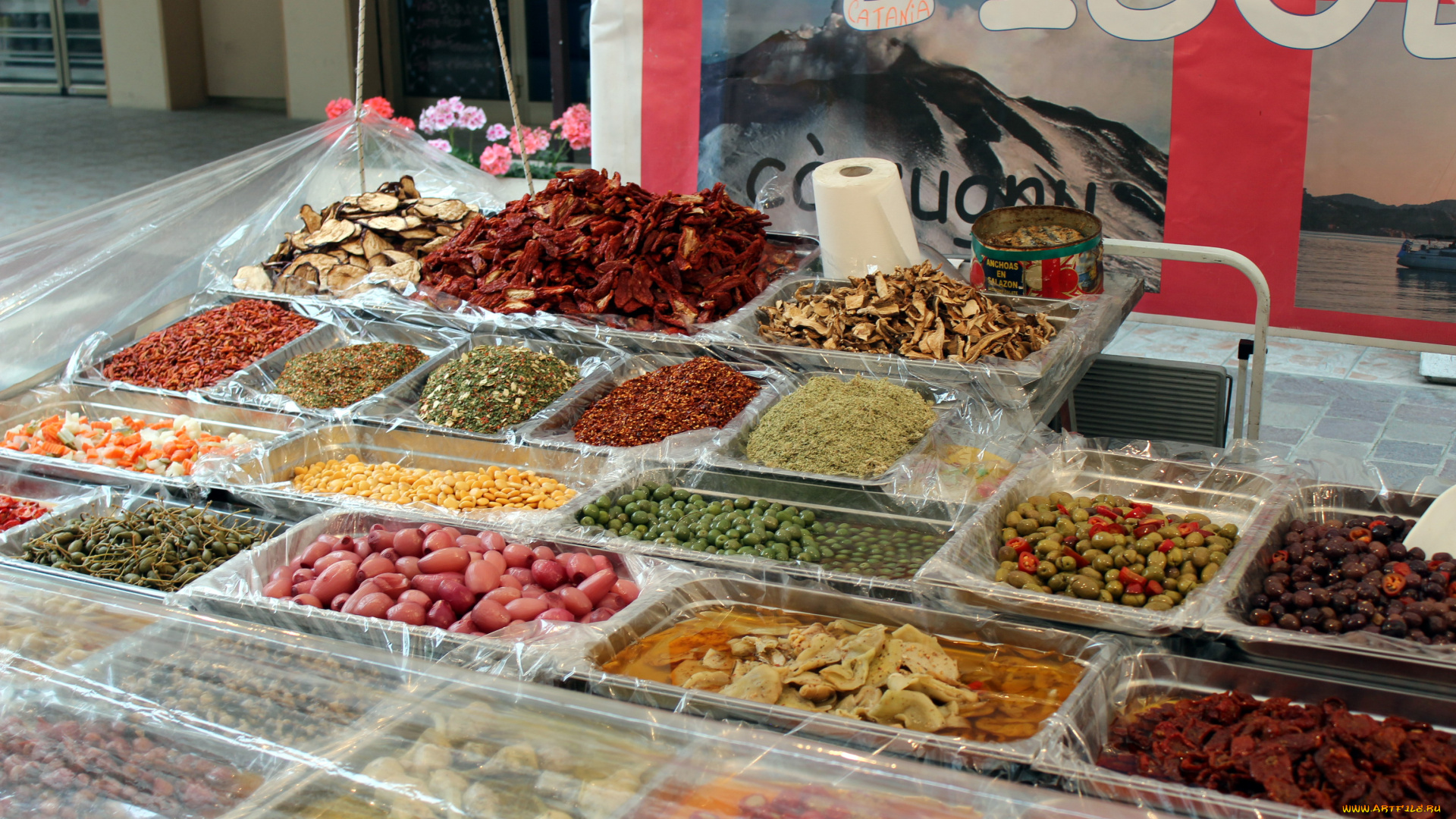 еда, разное, фасоль, прилавок, оливки