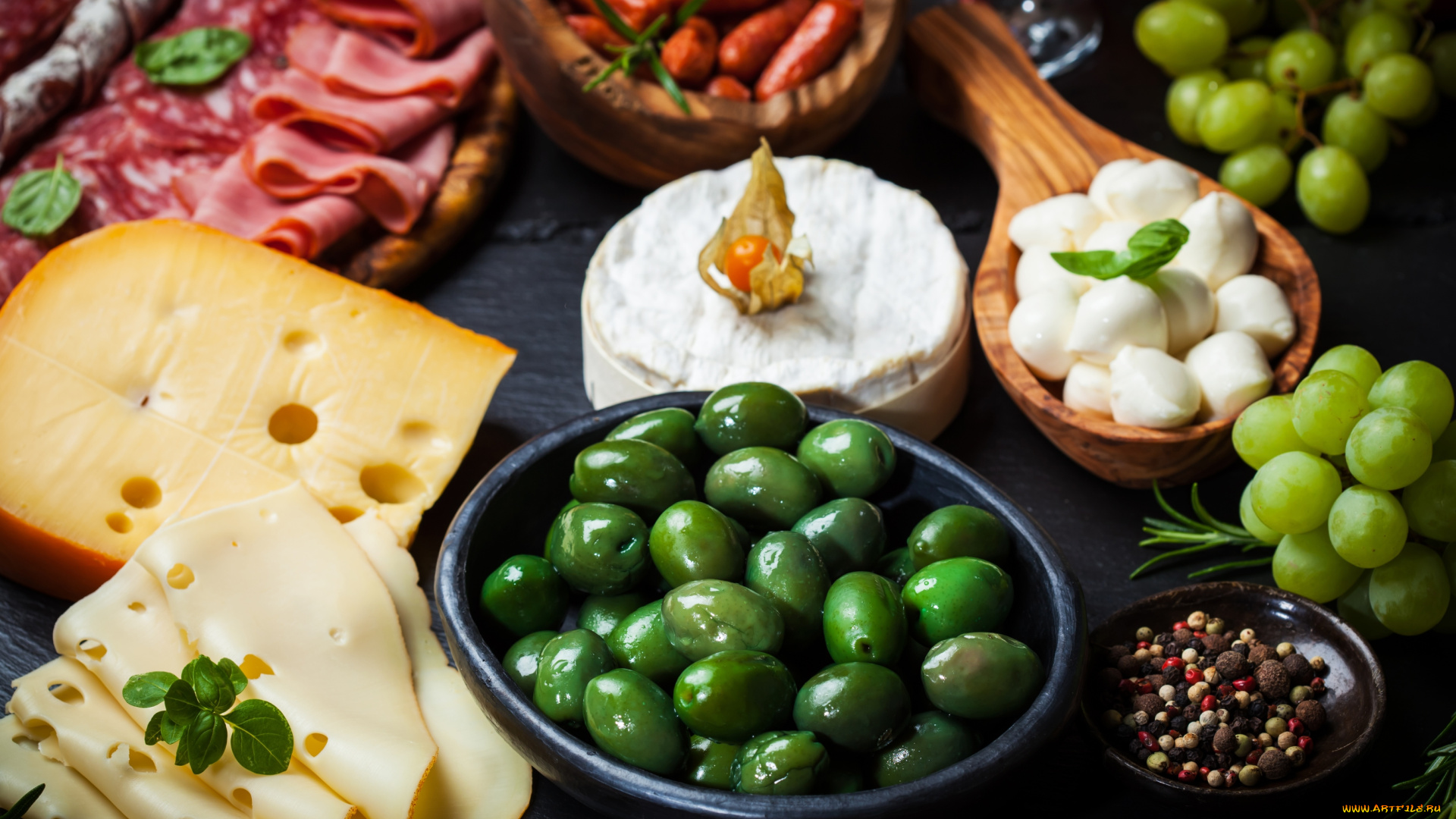 еда, разное, посуда, ветчина, балык, сыр, колбаса, перец, виноград, оливки
