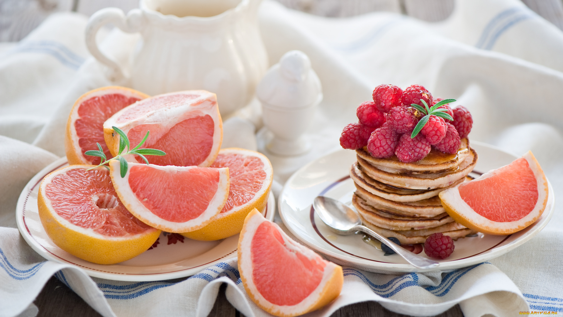 еда, разное, ягоды, малина, блины, грейпфрут