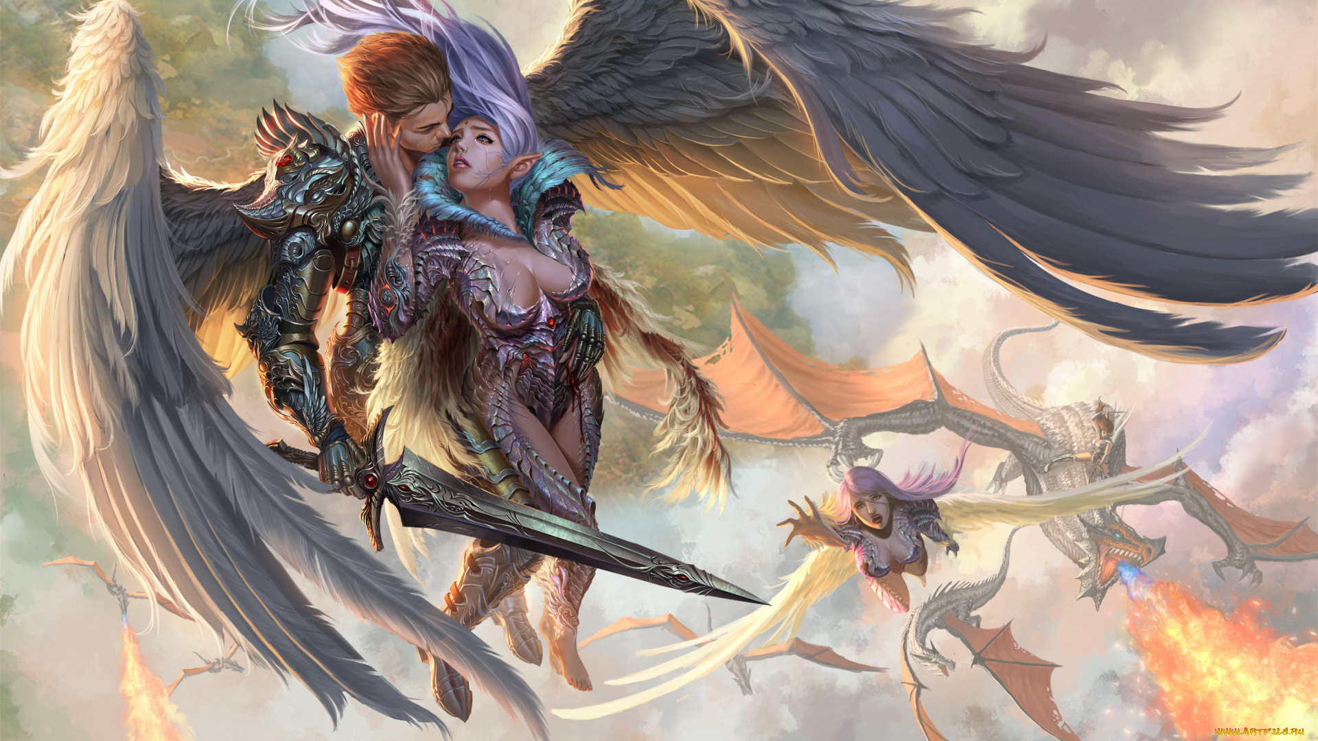 фэнтези, ангелы, парень, девушки, в, небе, дракон, крылья