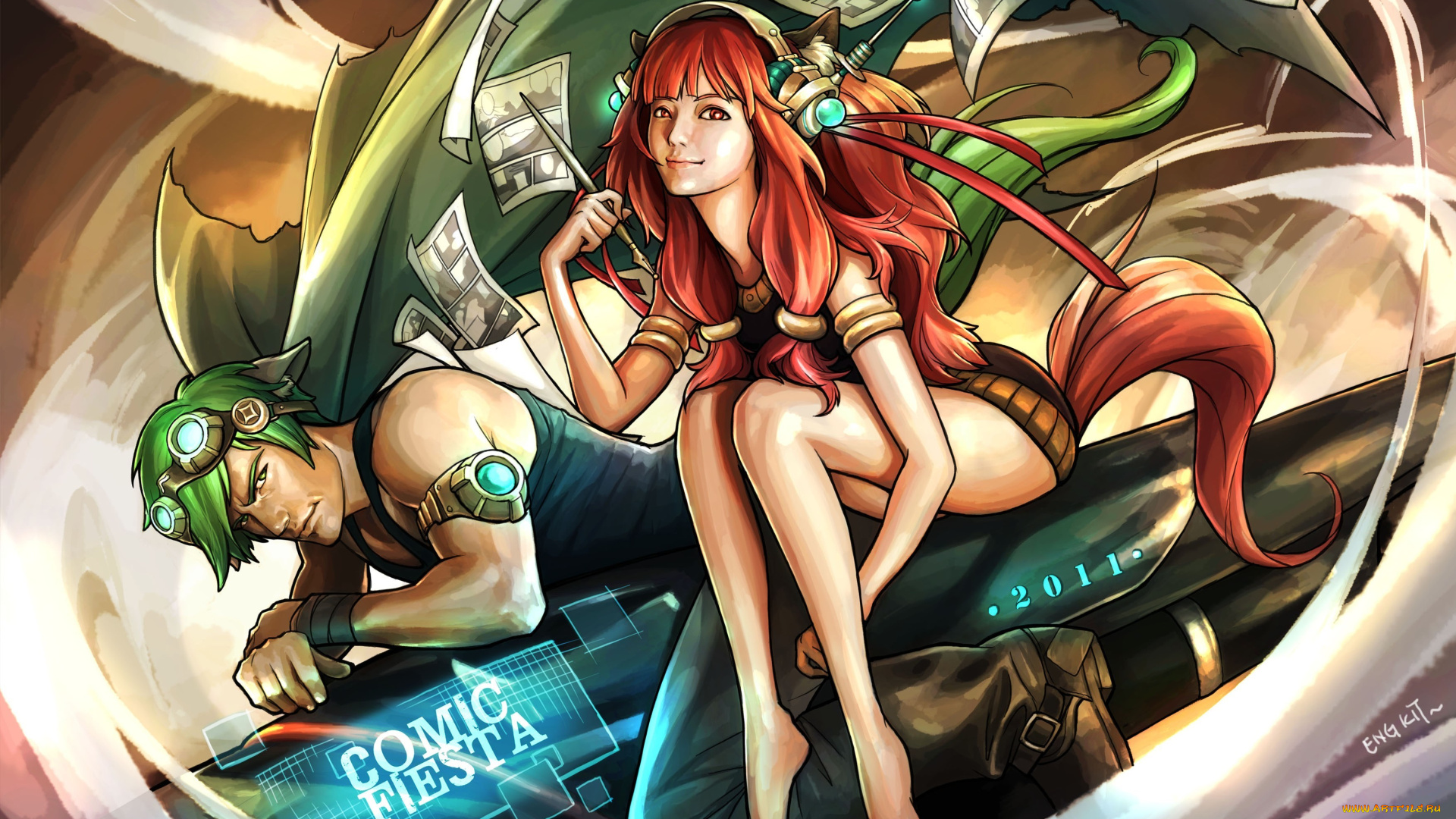 фэнтези, люди, девушка, парень, листы, очки, наушники