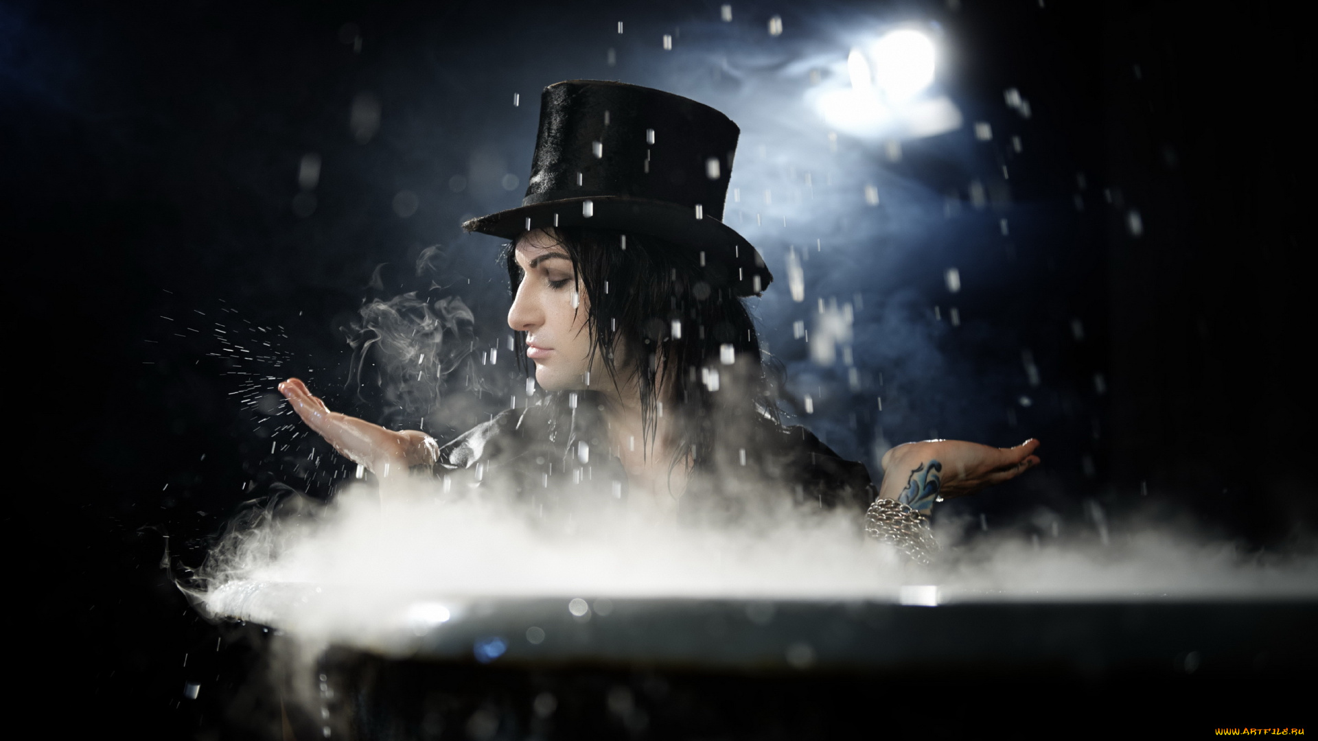 мужчины, -, unsort, капли, пар, шляпа, ванна, руки, свет, парень