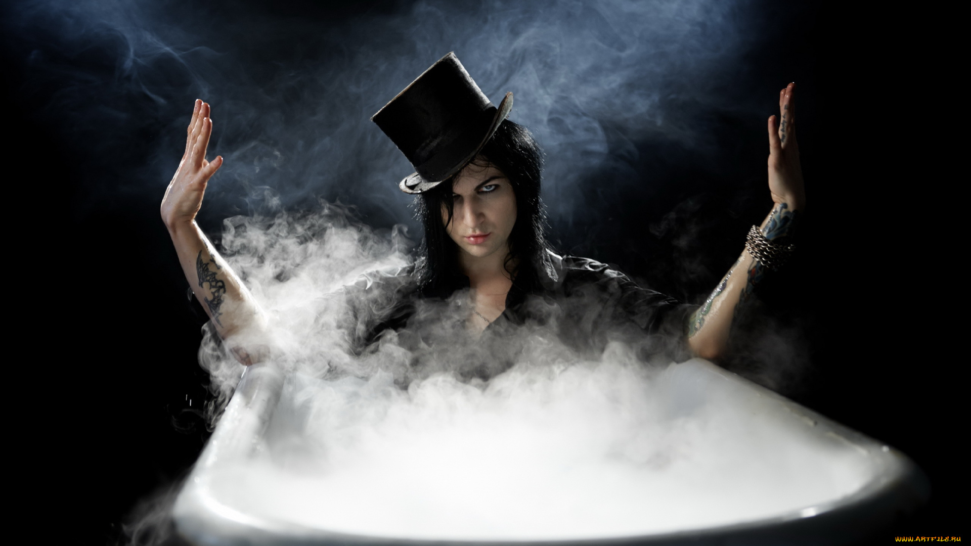 мужчины, -, unsort, шляпа, тату, руки, ванна, пар, взгляд, парень