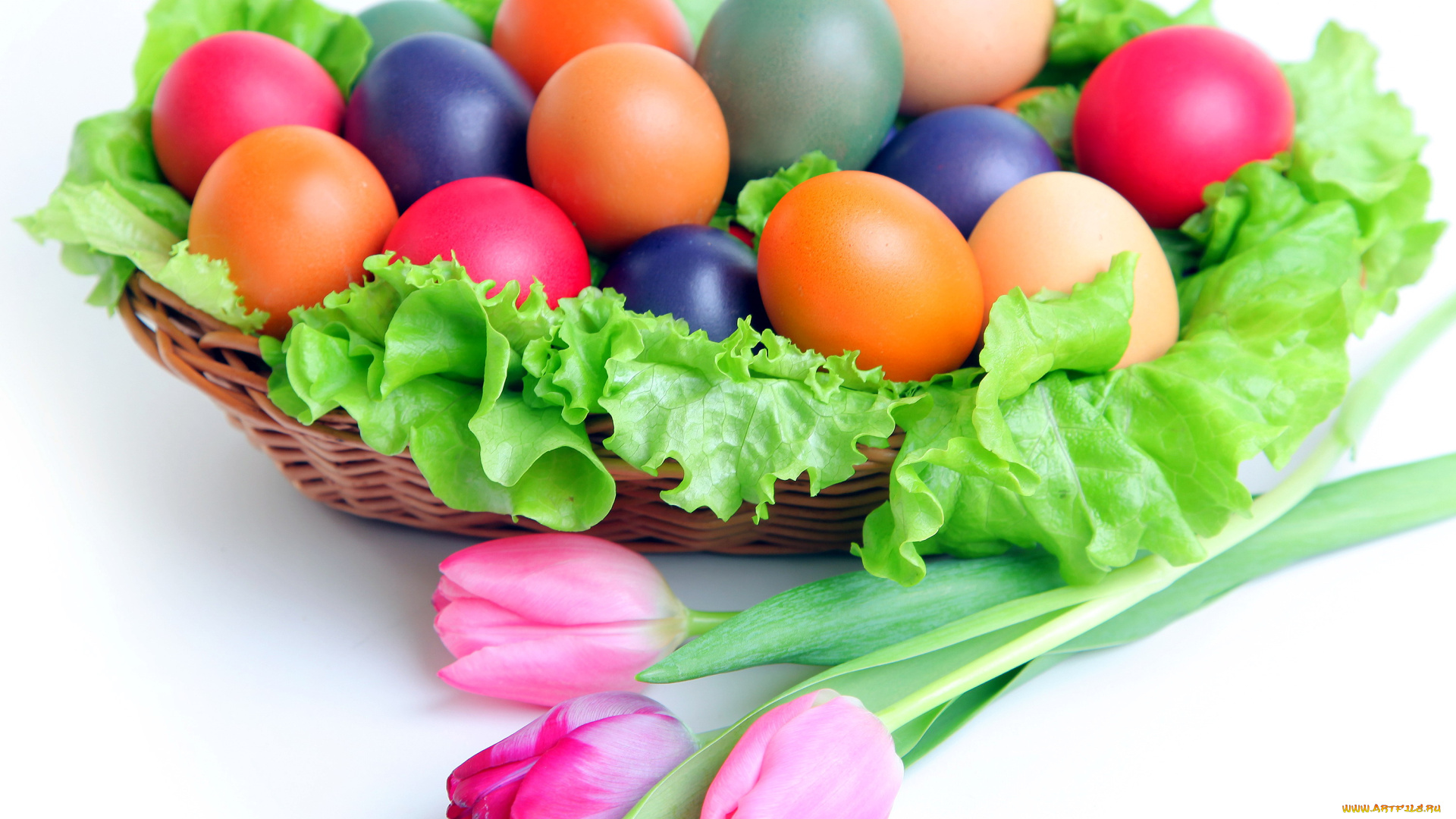 праздничные, пасха, салат, корзинка, крашенки, тюльпаны, листья